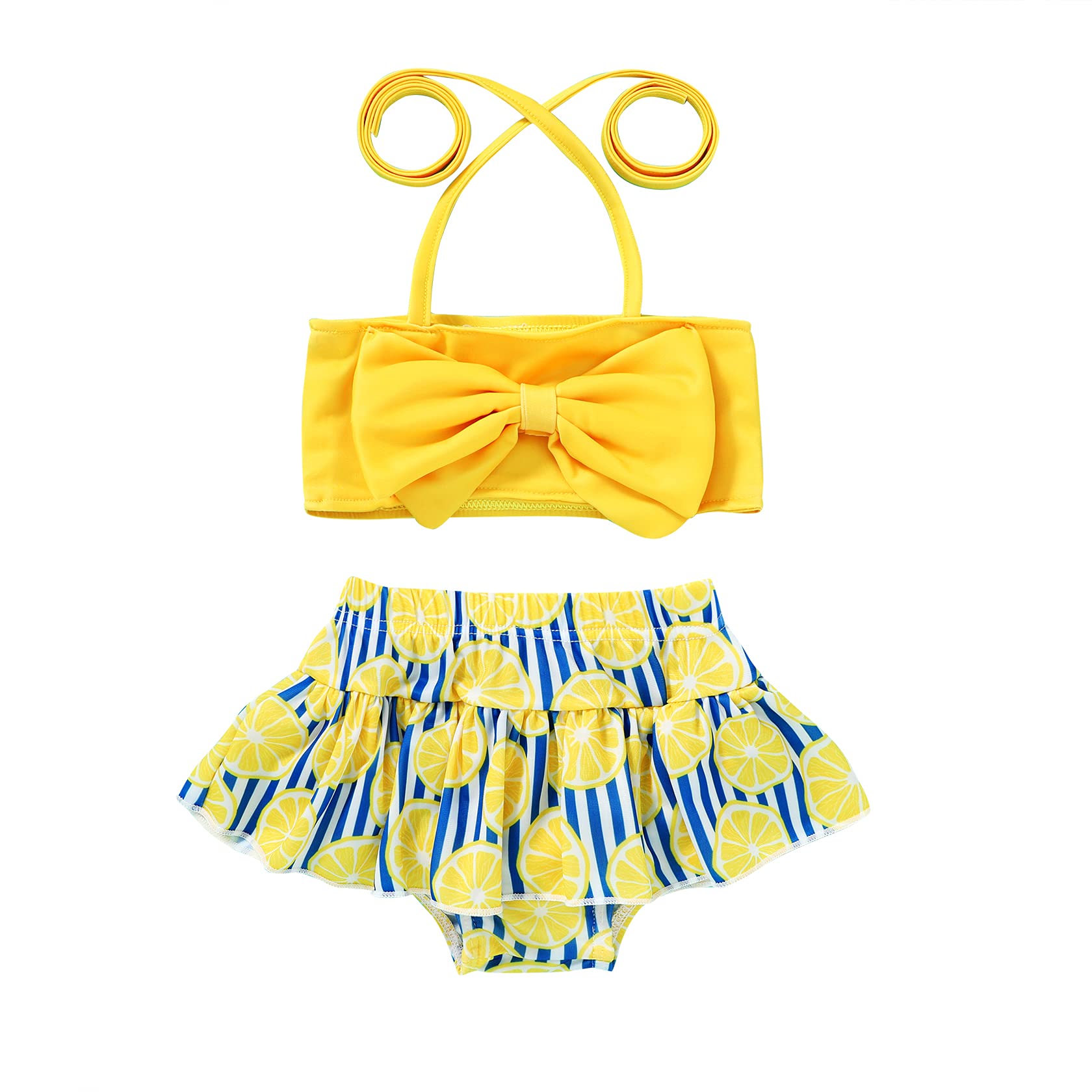 JEELLIGULAR Toddler Baby Girl Swimwear Bowknot Stripe Swimsuit Bathing Suit 2Pcs Bikini Set Outfits Summer (18-24 Months, Lemon)