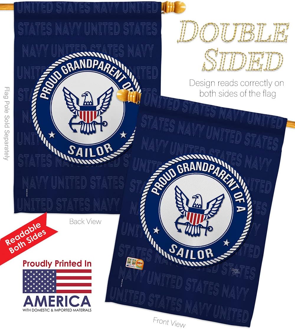 Proud Grandparent Sailor House Flag Dowel Set Armed Forces Navy USN Seabee United State American Military Veteran Retire Official Small Decorative Gift Yard Banner Double-Sided Made In USA 28 X 40