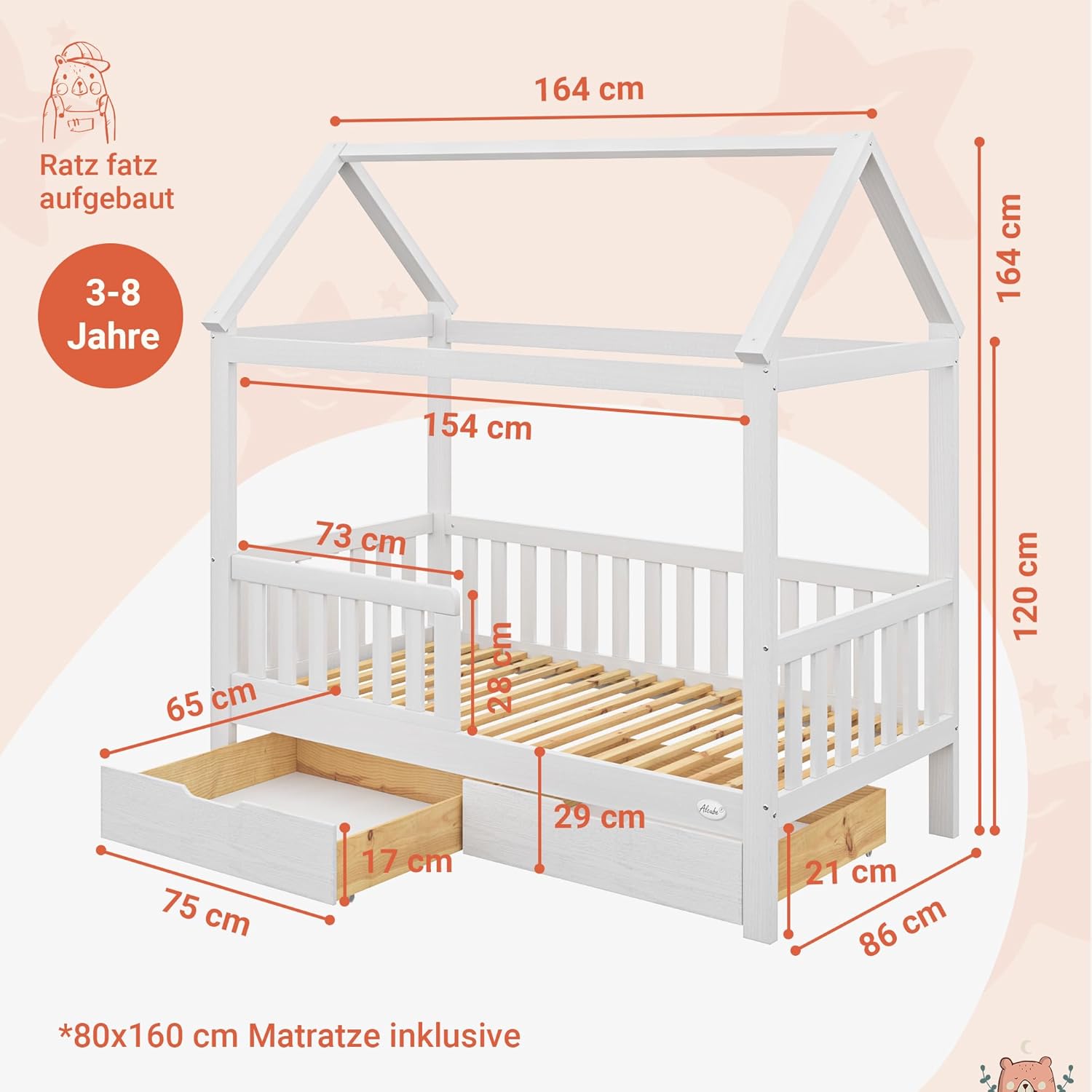 Detailed diagram of the Alcube Home Bed with all key dimensions labeled in centimeters.