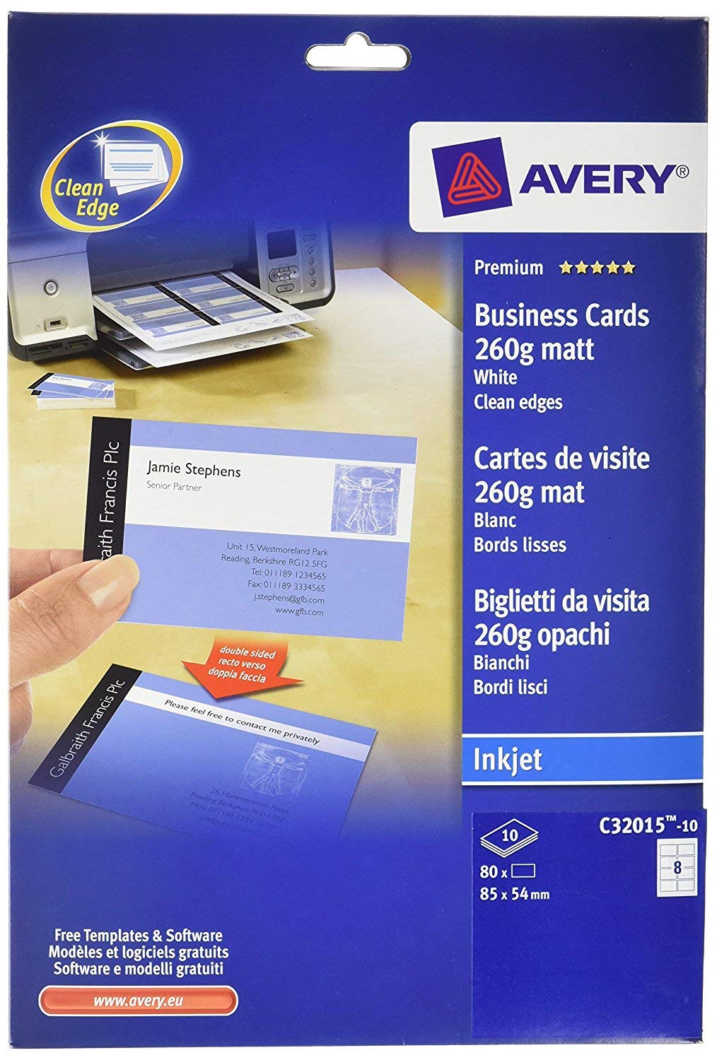 AVERY ZWECKFORM 5 Hüllen mit 80 Visitenkarten (85 x 54 mm), matter Tintenstrahldruck, 260 g