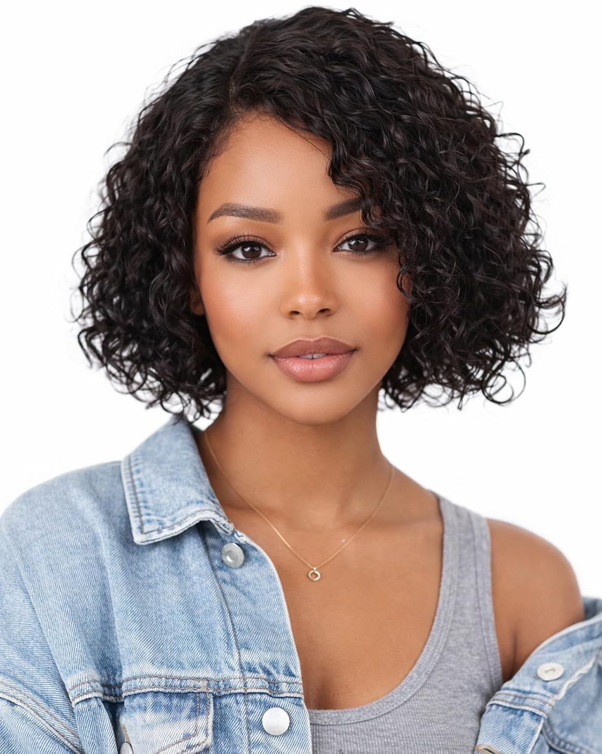 Deep Curly Human Hair Wigs Side Part Lace Front Pre Cut Lace Wear and Go Glueless Wig 8 Inch Short Curly Bob Wigs for Black Women 100% Brazilian Remy Human Hair Black Color