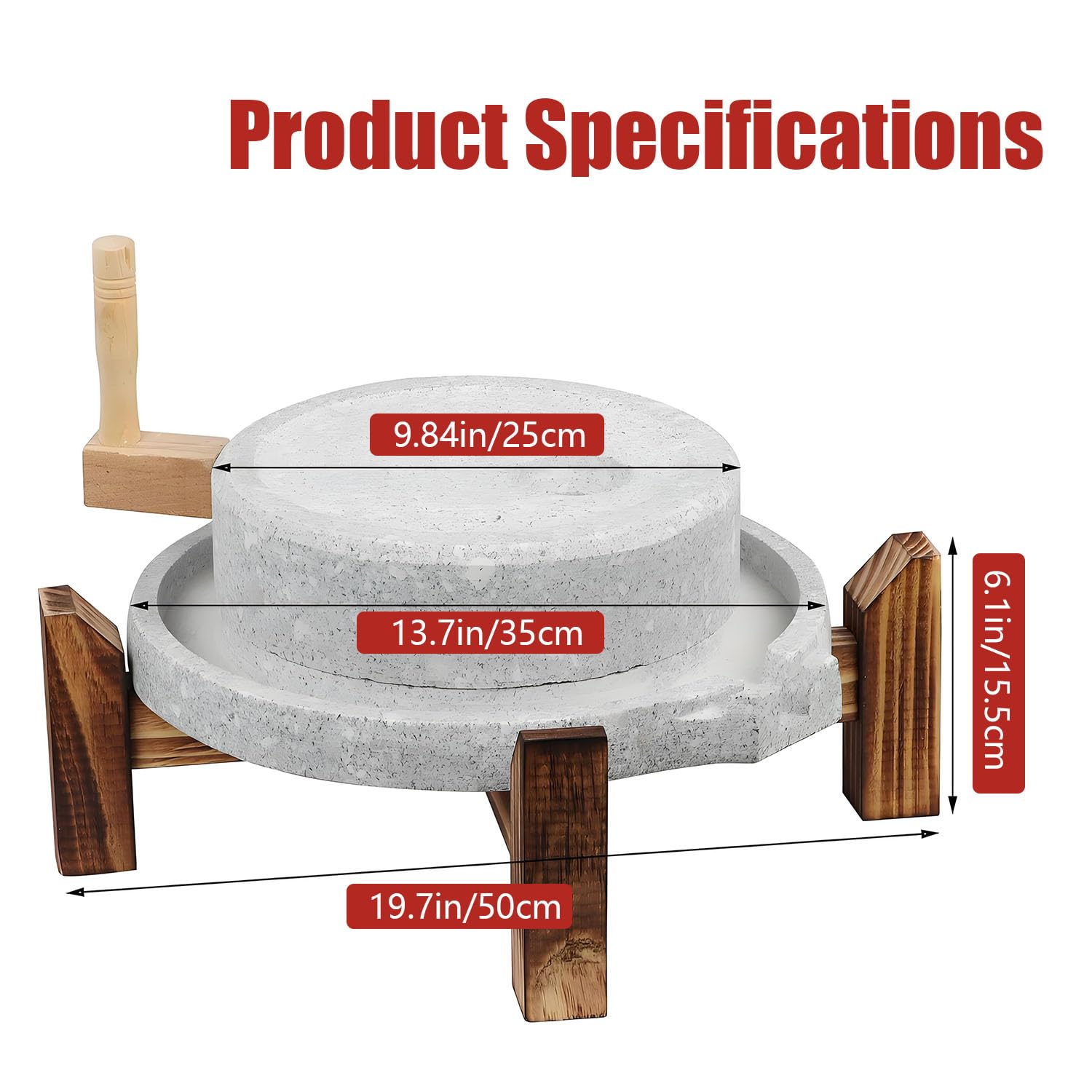 Yinian Mulino a Pietra Fatto a Mano, con Telaio in Legno Macina Tutto, Spice Grinder Machine, Macinino per Frutta Secca, Macinino Artigianale Domestico per Cereali, Fagioli E Orzo(Size:35cm)