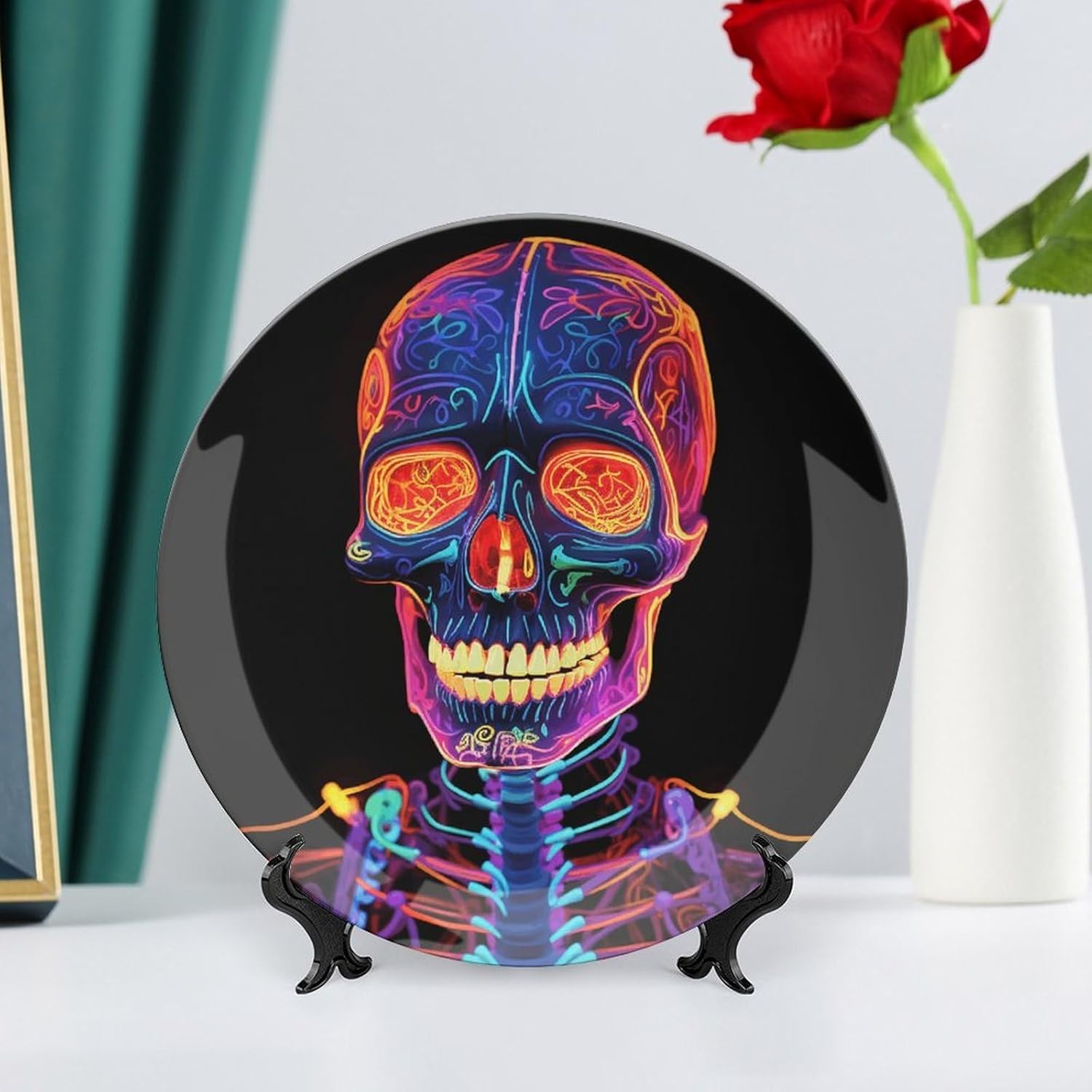 Skull Glowing Ceramic Plate 10inch Decorative Bone China Wall Hanging Ornament Plates Bohemian Style Dinner Plate with Display Stand Cabinet Display Plates for Home Art Decor