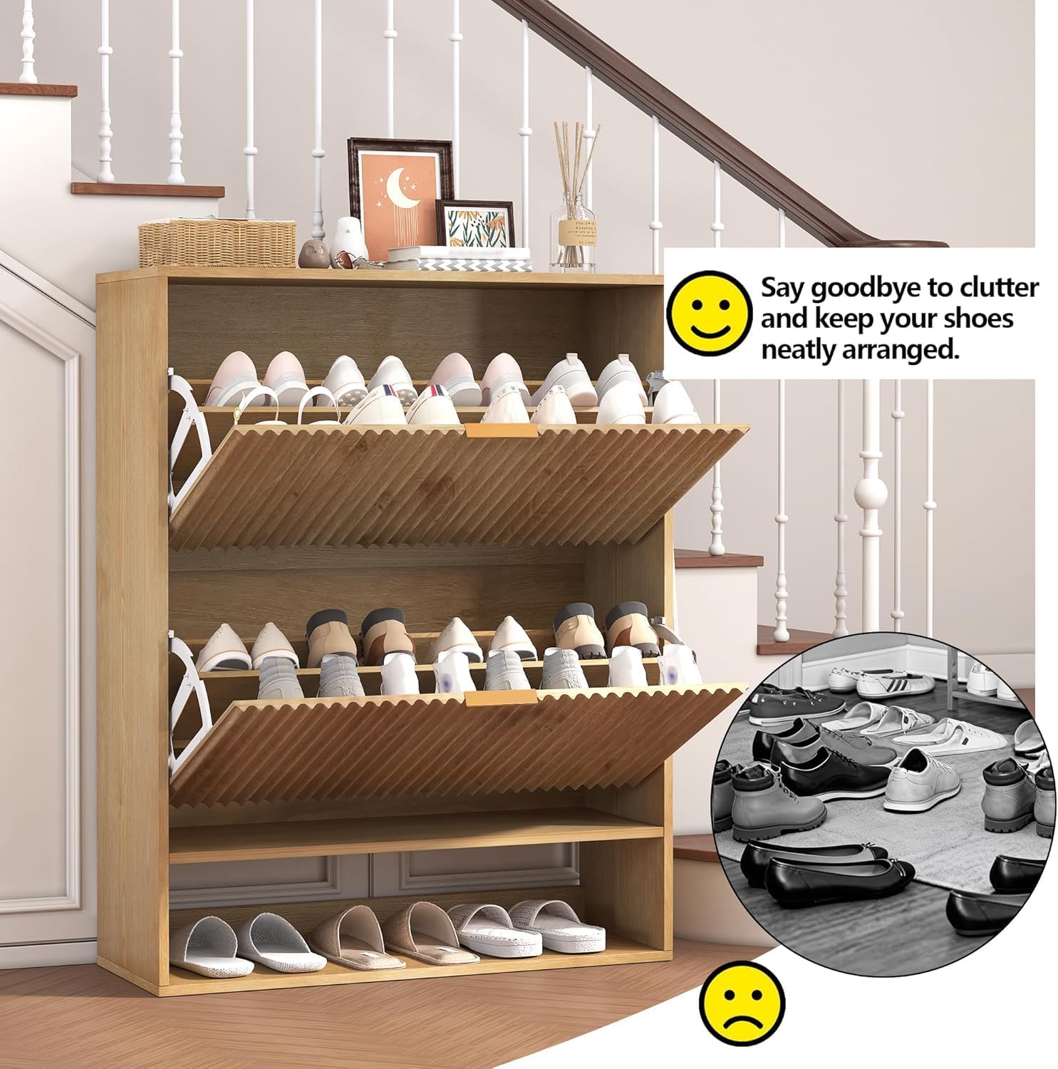 Meuble à Chaussures étroit pour Couloir/Foyer - Armoire à 2 tiroirs basculants - Étagère inférieure Ouverte + Crochets latéraux - Façade cannelée Moderne, Chêne (Couleur Bois Naturel)
