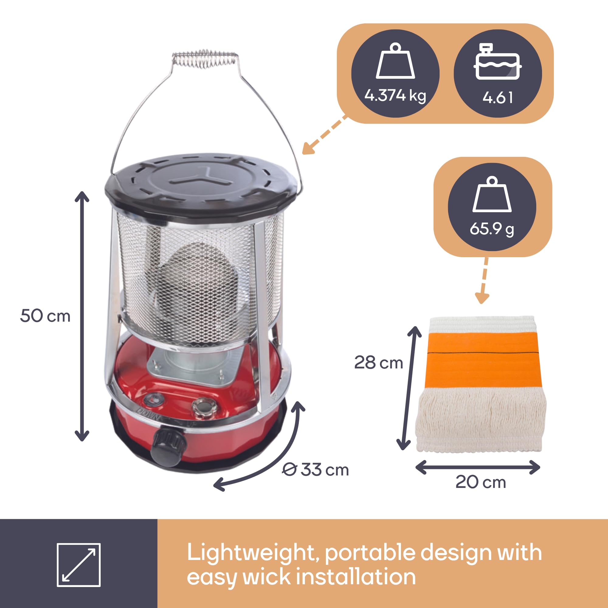 Perel Mobilny piecyk naftowy 2600 W z knotem/knotem + 2 zapasowe, przenośny piecyk olejowy do namiotu kempingowego, zbiornik 4,6 l, 18 godzin pracy, ekonomiczne ogrzewanie dodatkowe naftą bez prądu,