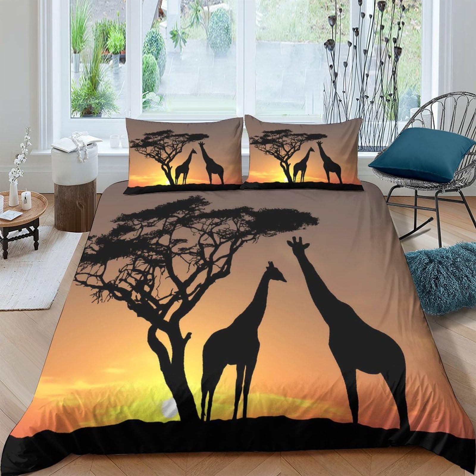 Ctjqhvkz Style-1 3D Printed African Sunset Fitted Sheet Microfiber Soft Breathable Giraffe Silhouette Mattress Cover Bedroom Decor Single（135X200cm）
