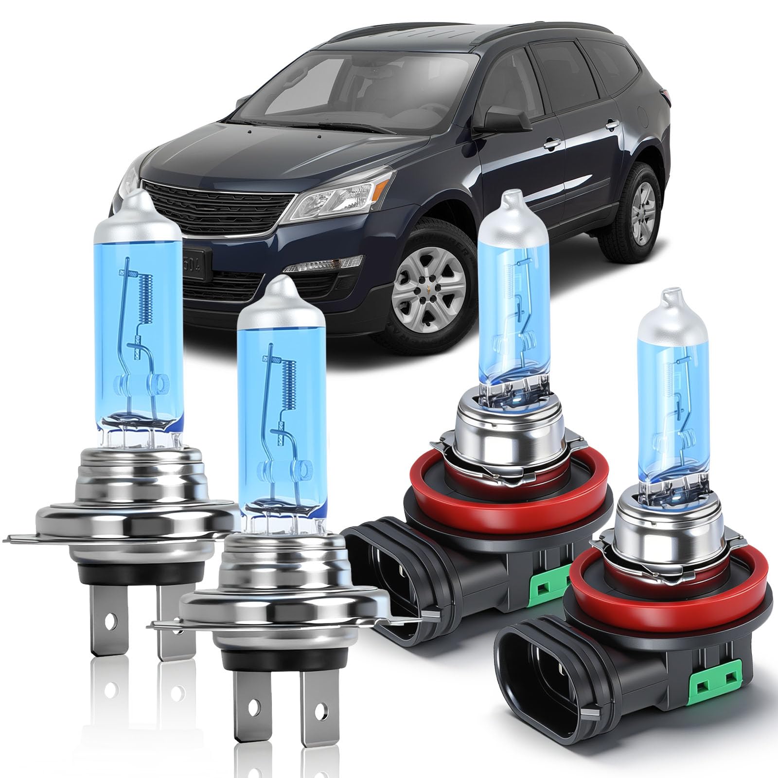 OQSNCV Fit for Chevy Traverse 2013 2014 2015 2016 2017 2018 Halogen Headlight Bulbs, H7 High Beam+ H11 Low Beam Light Headlamp Replacement Bulbs Kit 100W 4200K, Pack of 4