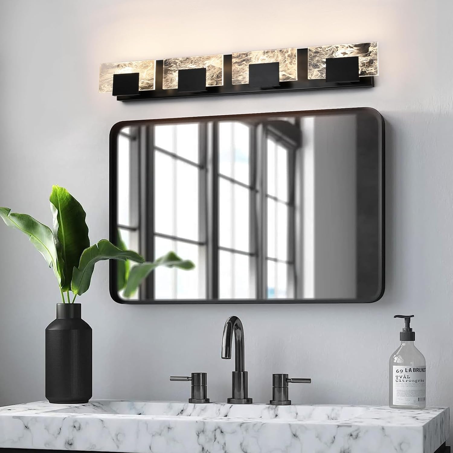 LED Bathroom Vanity Light: 32in Matte Black Acrylic Modern Lighting Fixtures - 4-Light Contemporary Smoke Design Wall Lights Fixture Over Mirror 3000K