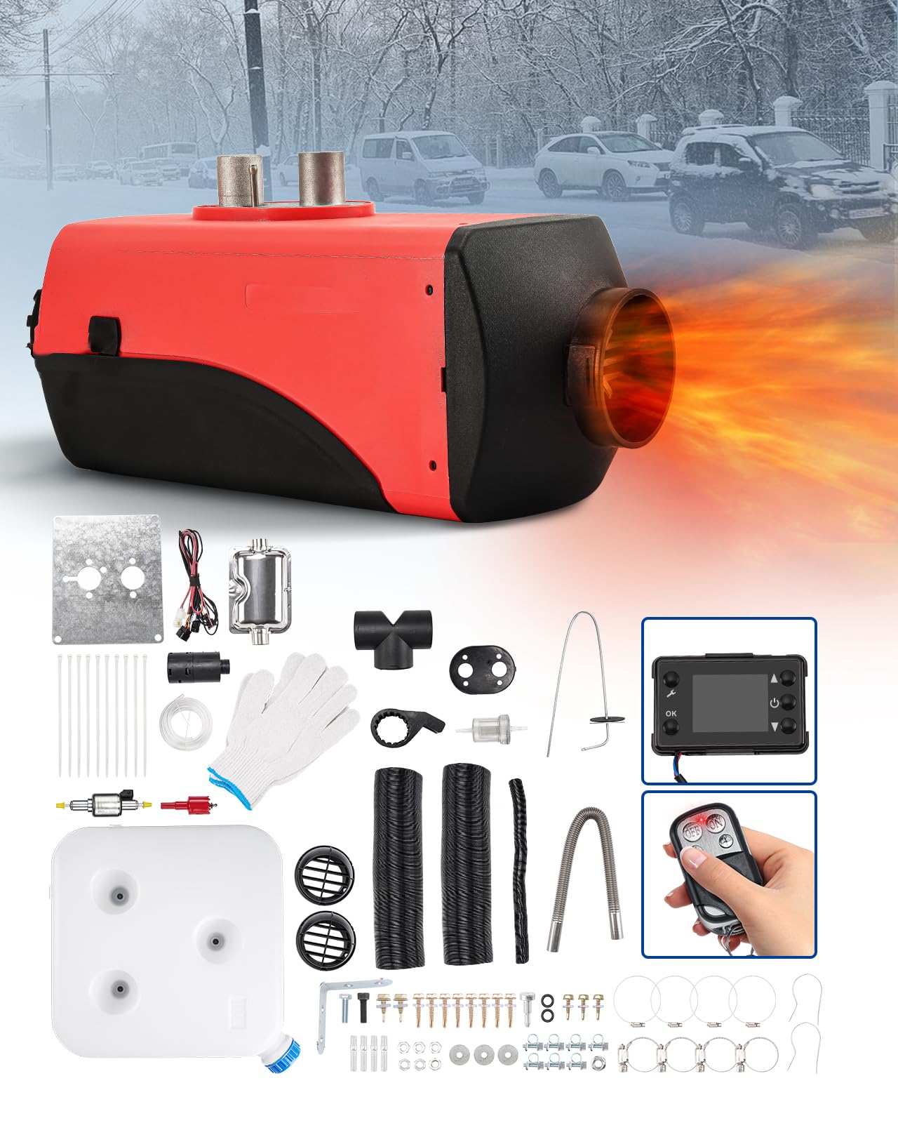 24 V 5 kW, Air s, przenośny, szybki system ogrzewania postojowego z tłumikiem, przełącznik LCD, pilot zdalnego sterowania do kamperów, przyczep ciężarowych, kamperów, samochodów turystycznych, czarn