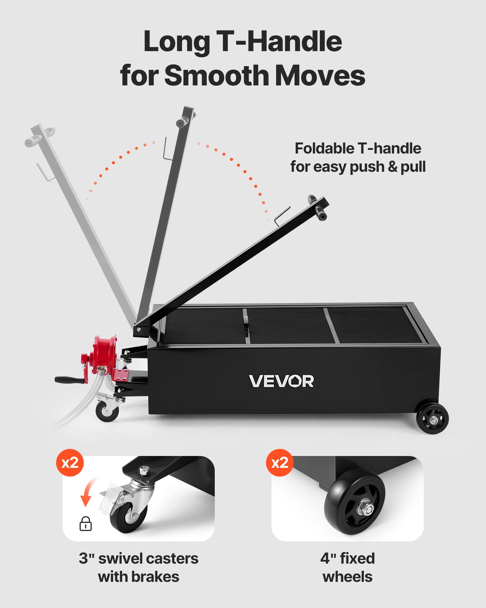 VEVOR Bandeja de Drenaje de Aceite de Perfil Bajo, Capacidad 94,6 L, con Ruedas y Bomba Manual, Manguera de 2,2 m y Asa Plegable en T, Resistente a la Corrosión, para Coches, SUV, Camiones, Negro