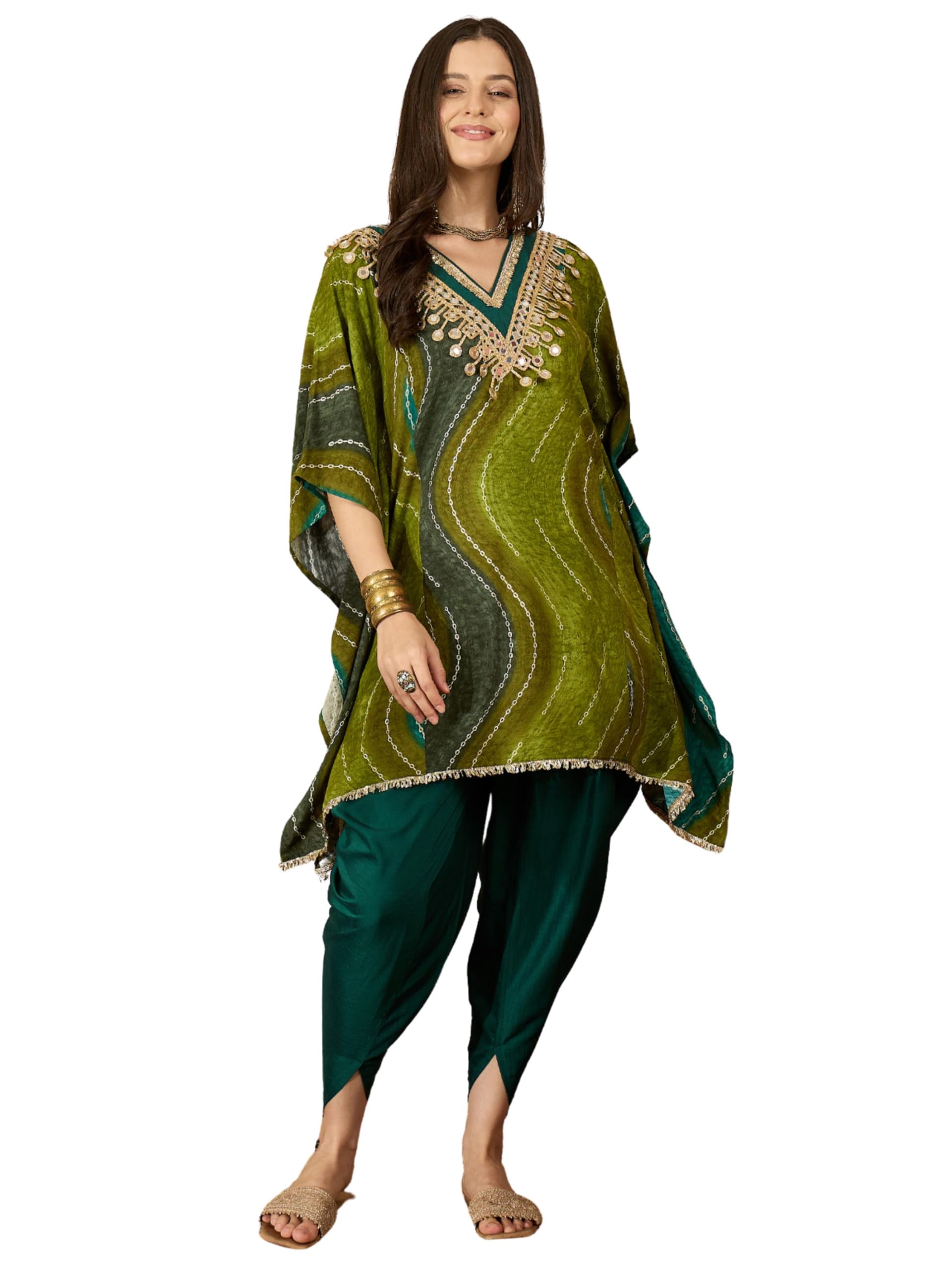 ethnicjunction Women's Viscose Rayon Leheriya Print Kaftan Kurta with Dhoti Pant Set |Karva Chauth Special Kurta Set|Ethnic Set|Ethnic Co Ord Set for Women-picture-31