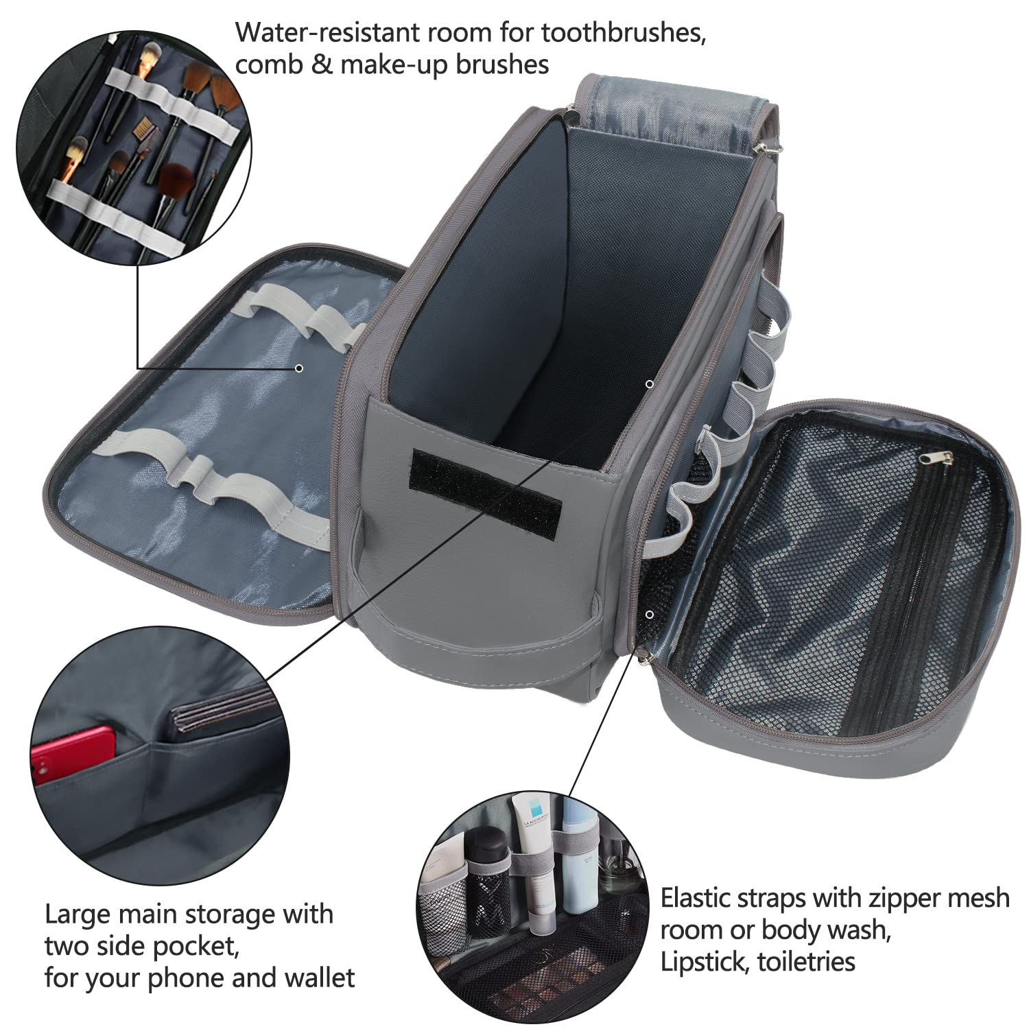 Neceser Grande para Hombre, Organizador de artículos de Aseo Personal, de Piel sintética, Resistente al Agua, Kit de Afeitado para Accesorios de Aseo Personal, Gris, XL, Neceser