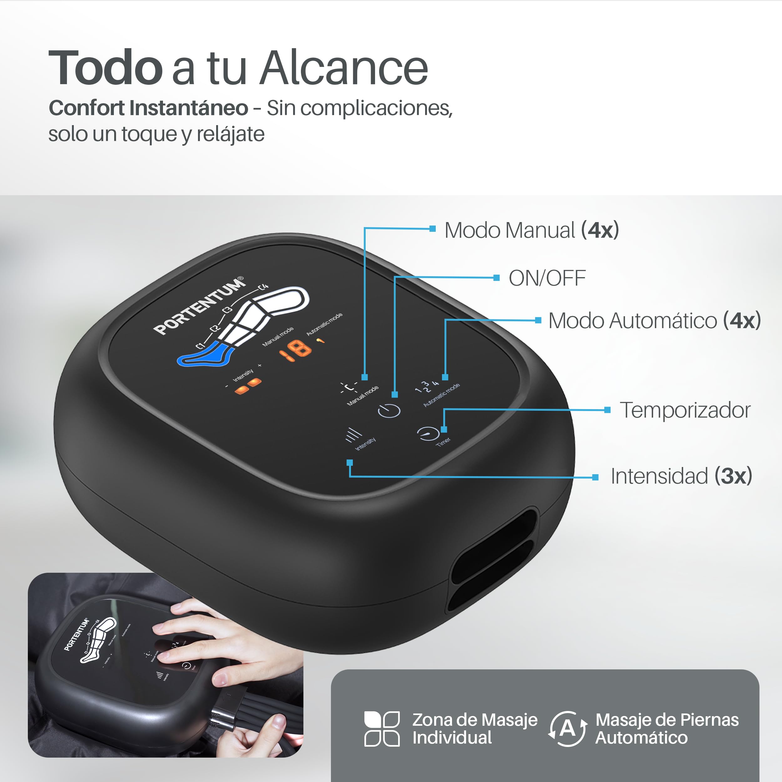 PORTENTUM Presoterapia para casa con batería – Masajeador piernas y abdomen con 8 modos y 3 intensidades – Mando con pantalla LCD – USB-C – Accesorios para brazo y cintura – Bolsa de transporte