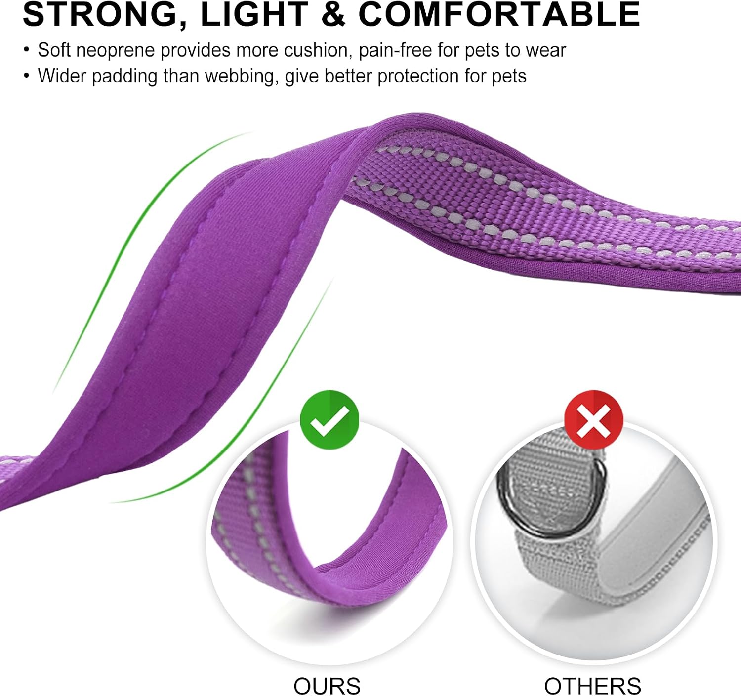 azuza Reflective Dog Collar, Neoprene Padded Puppy Collar, Purple, XS image 3