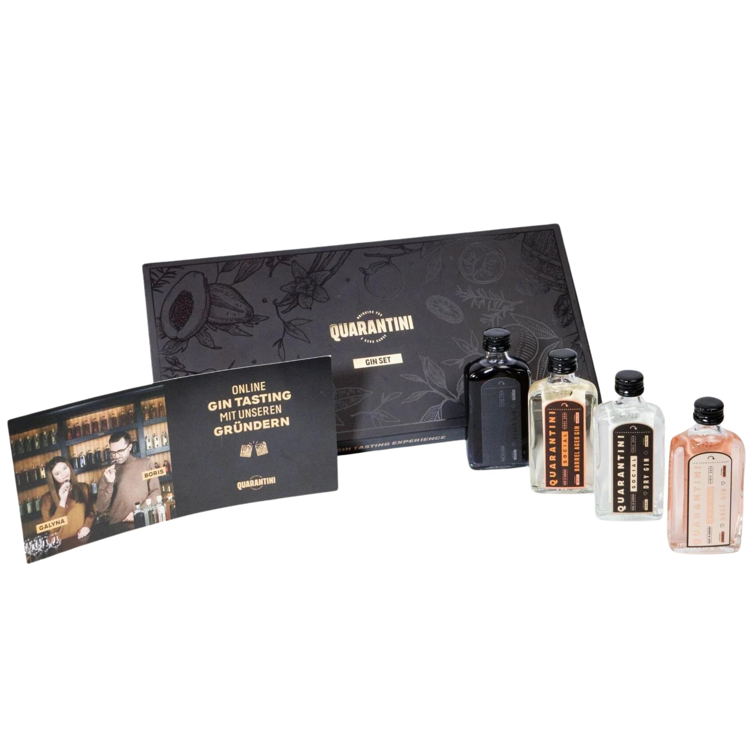 Quarantini Gin Tasting Set inkl. Online-Tasting 42% Vol. (4 x 50 ml) – Geschenkset mit vier fruchtigen Sorten (Barrel Aged, Dry, Black und Rosé)