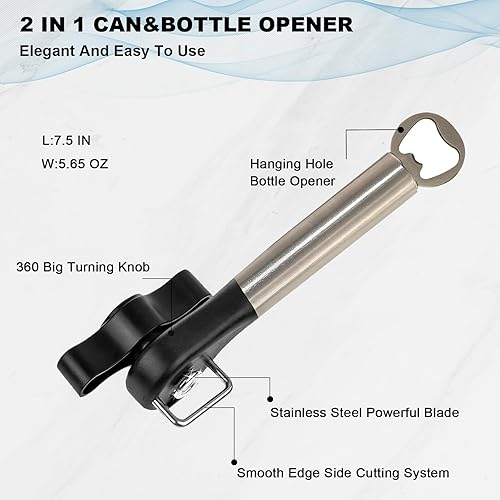 Miniatura 2 de Abrelatas manual de acero inoxidable, de mano, resistente, borde liso, corte lateral, abrelatas de cocina para personas mayores con manos