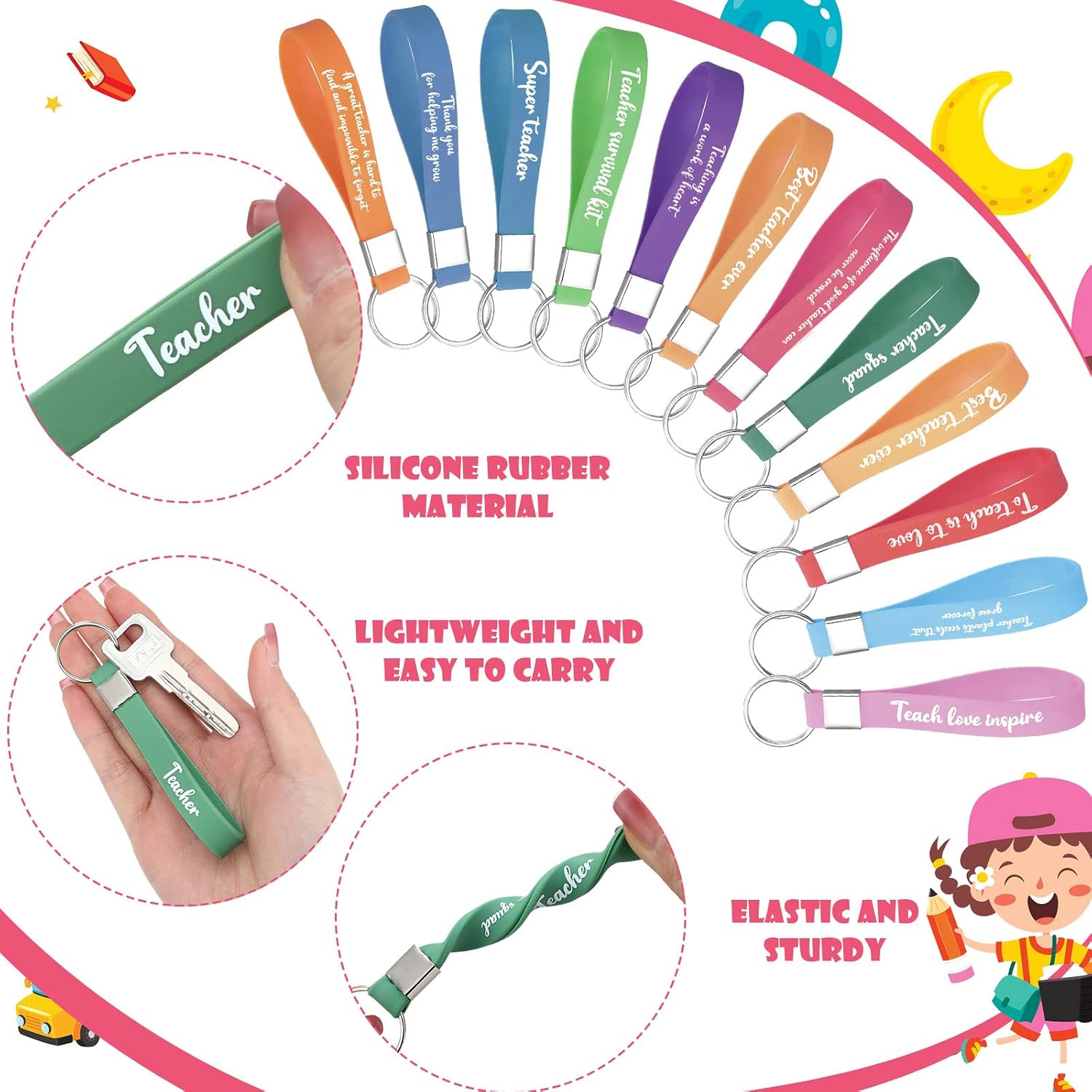 Hillban 24 Pieces Teacher Appreciation Gifts Set Canvas Makeup Bag Silicone Keychain Pencil Bag with Zipper Cosmetic Bag Bulk for Graduation Birthday