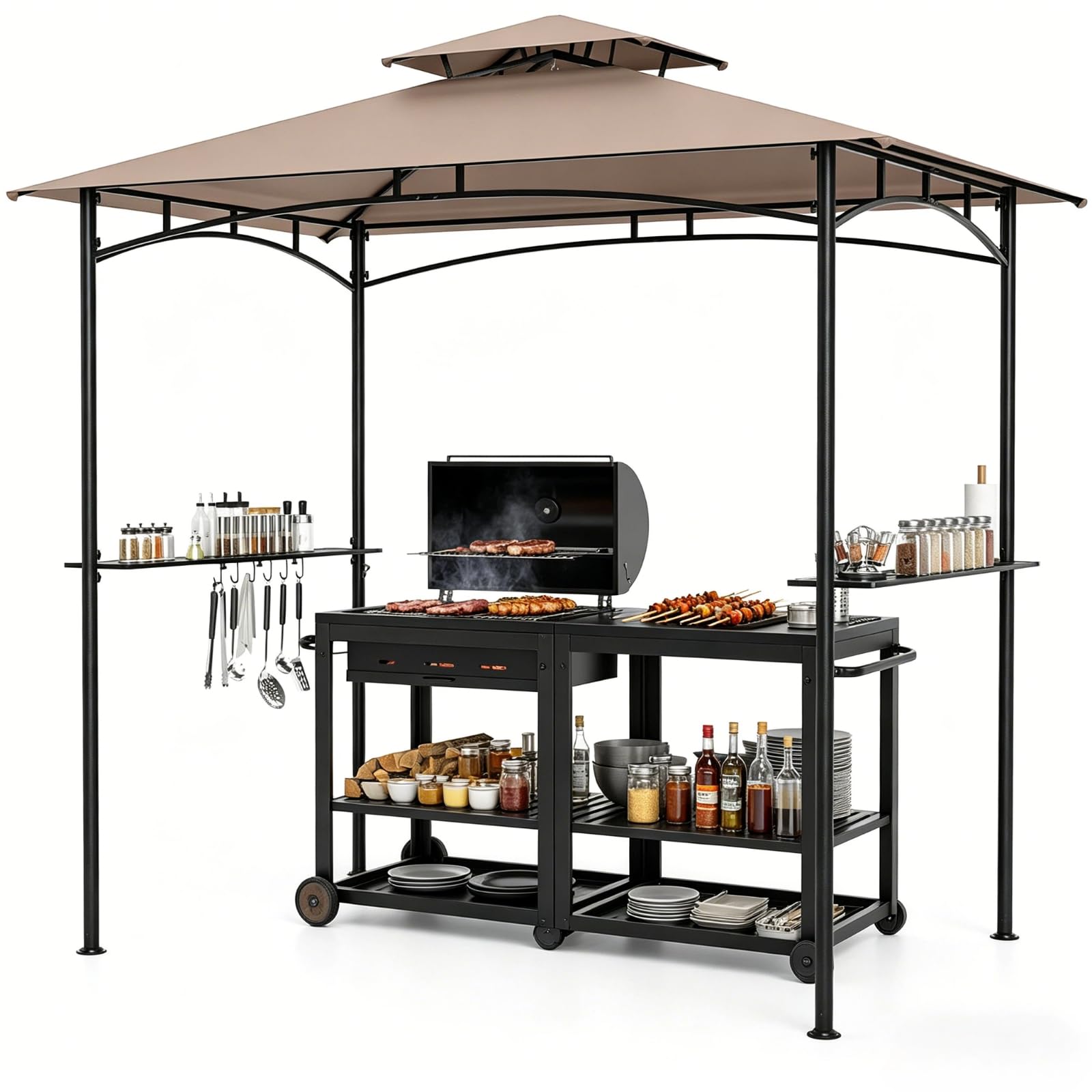 KOMFOTTEU Carpa de Barbacoa con Doble Techo 242 x 150 x 250 cm, Cenador para Jardín con 2 Mesa de Bar y 6 Ganchos, Pérgola de BBQ con Marco de Metal, para Terraza Fiesta Picnic (Marrón)