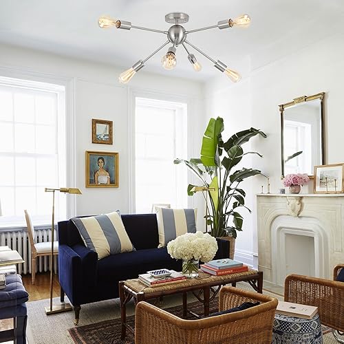 Miniatura 3 de LASENCHOO Candelabros Sputnik de 6 luces, moderna lámpara de techo semiempotrada, lámpara colgante de mediados de siglo, lámpara de techo de níquel