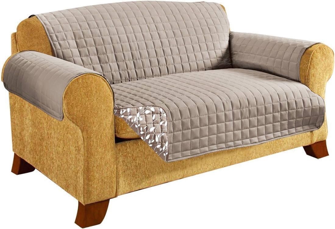 CELINE LINEN Quilted Furniture Protector for Pet Dog Children Kids -2 Ties to Stop Slipping Off Treatment Microfiber As Soft as Egyptian Cotton, Natural Leaf Sofa