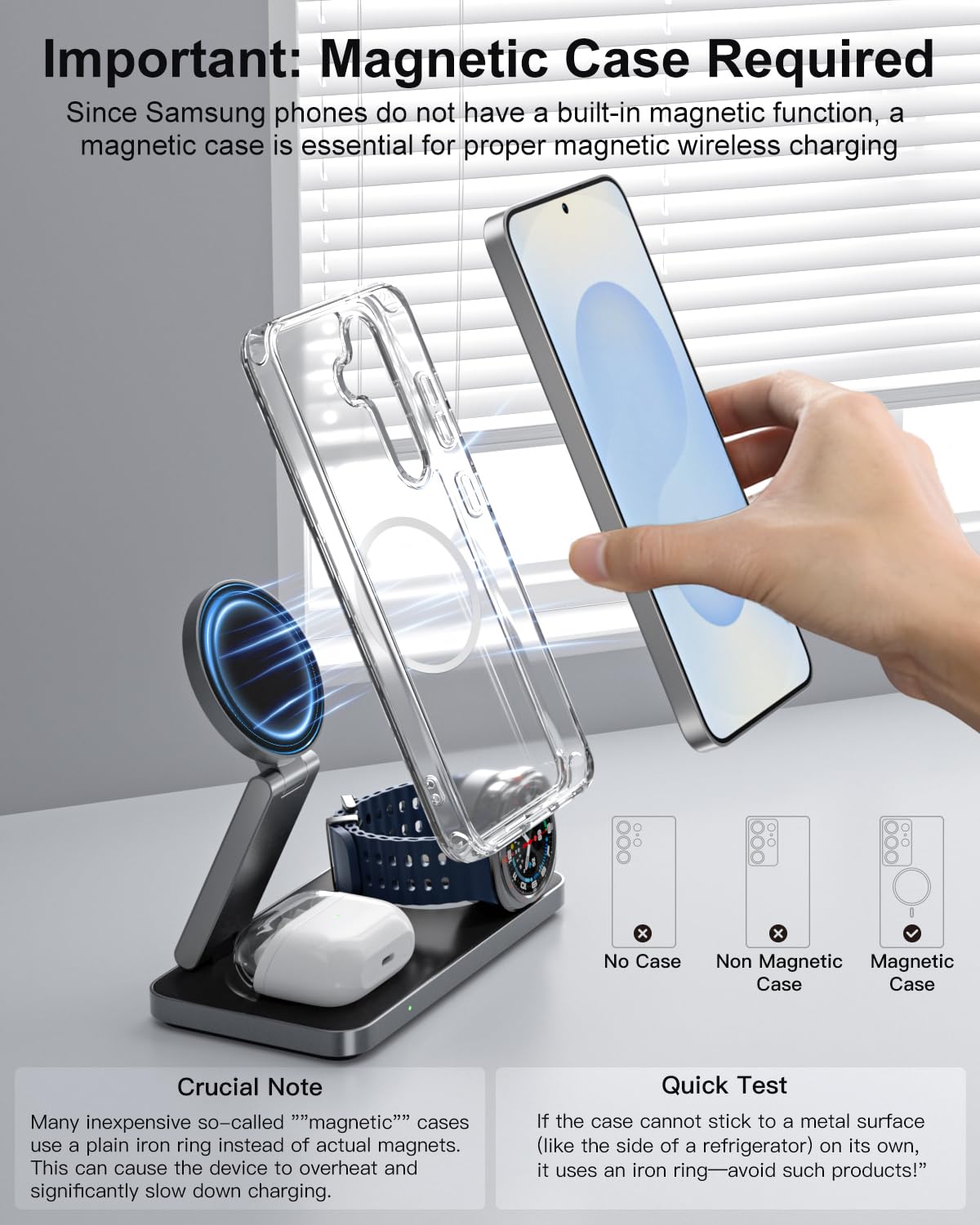 Stazione di Ricarica 3 in 1 per Samsung, Caricatore Wireless Pieghevole per Galaxy S26/S25/S24/S23/Z Fold/Flip Series, Galaxy Watch Ultra/8/7/6/5, Galaxy Buds Pro/3/2, Incl. Adattatore 20W-Nero