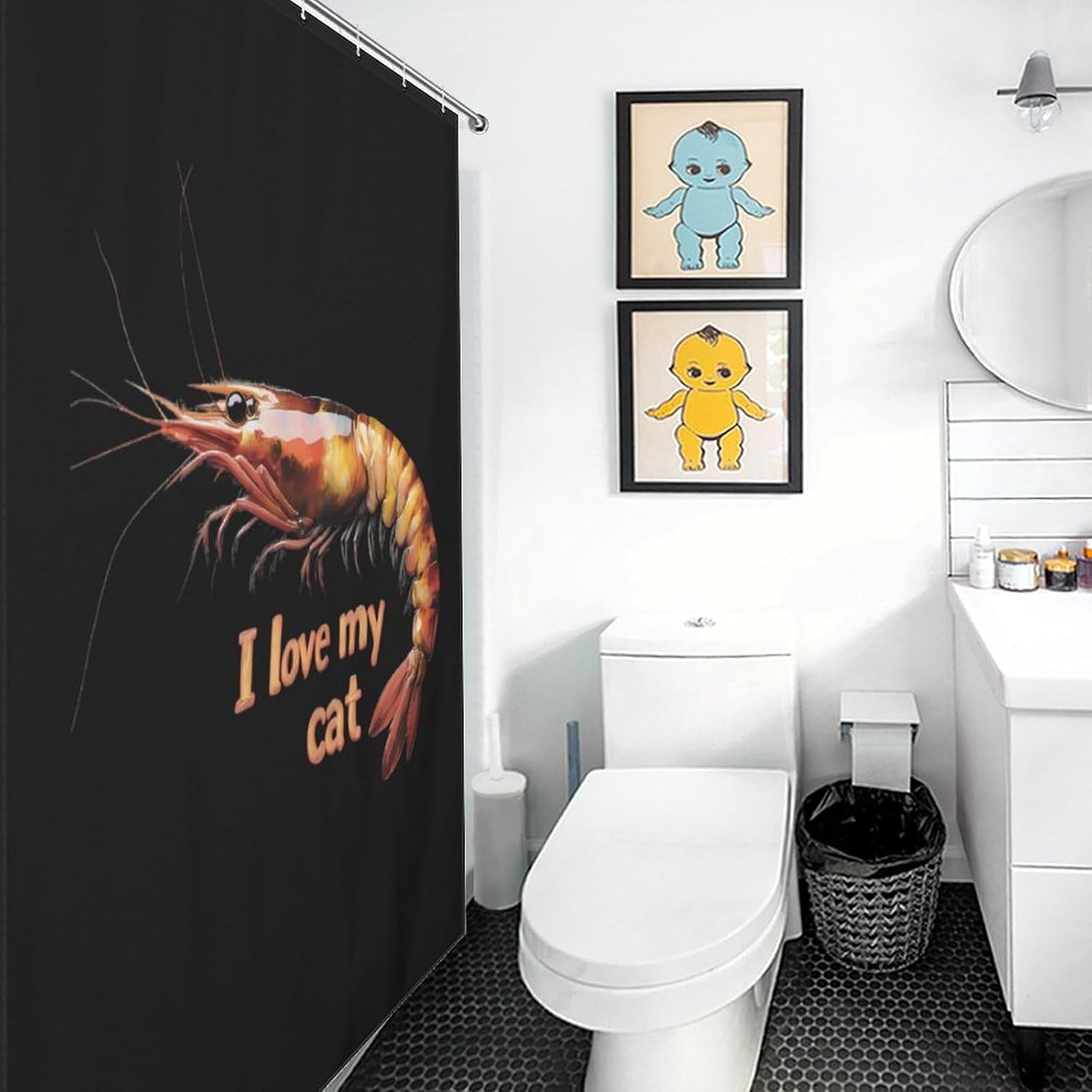 I Love My Cat Shrimp Funny Shower Curtains Washable Bath Curtain Liner with Hooks for Bathroom Bath Tubs