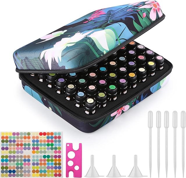 FITNATE Essential Oil Storage Holds 56 Bottles for 5/10/15ml Shockproof, Waterproof and Durable, Essential Oils Travel Case with Bottle Opener, Colorful Stickers, Droppers and Funnel