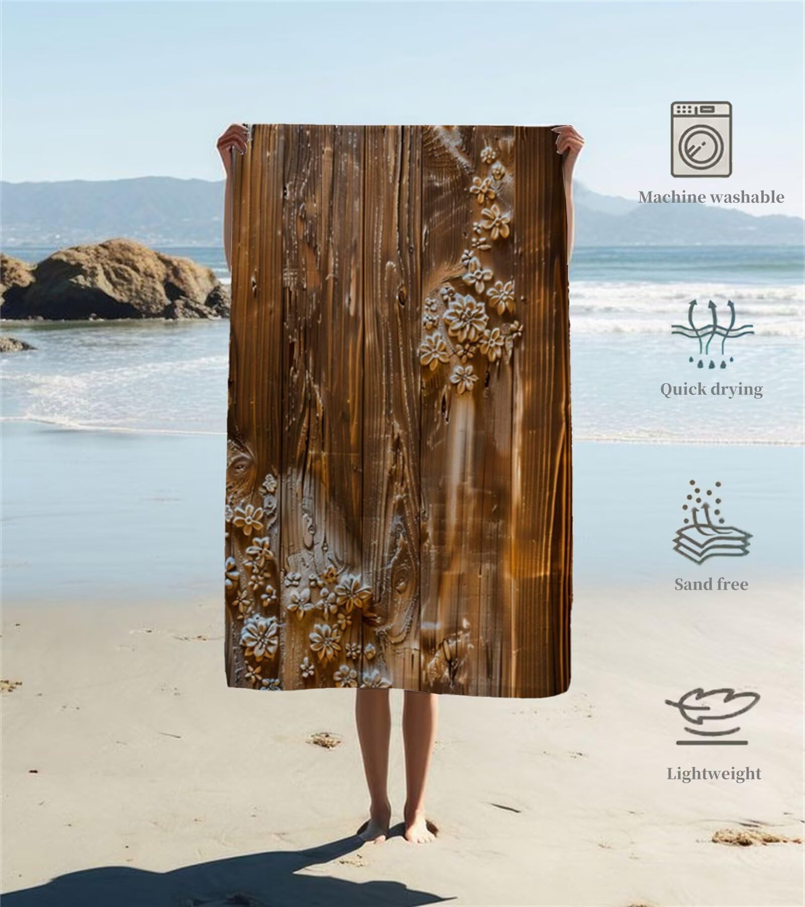 Ręcznik plażowy z mikrofibry 220 x 100 cm duży ręcznik kąpielowy brązowe kwiaty mata plażowa anty piasek, ręczniki sportowe, szybkoschnące, kompaktowe i lekkie, do sportu, podróży, sauny, basenu Y1