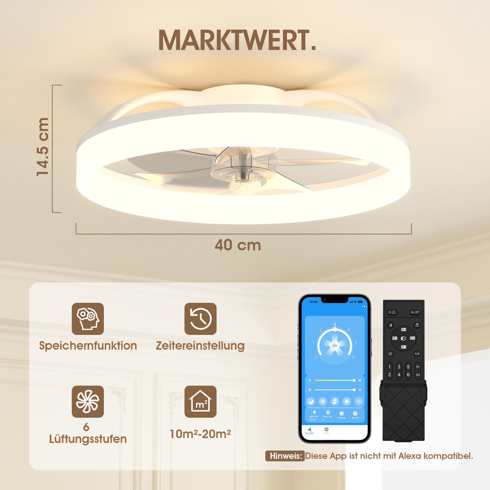 NIORSUN Deckenventilator mit Beleuchtung und Fernbedienung, 6 Geschwindigkeiten, dimmbares Lampe mit Ventilator, Leise Deckenlampe mit Ventilator für Schlafzimmer, Wohnzimmer (40cm, Weiß)