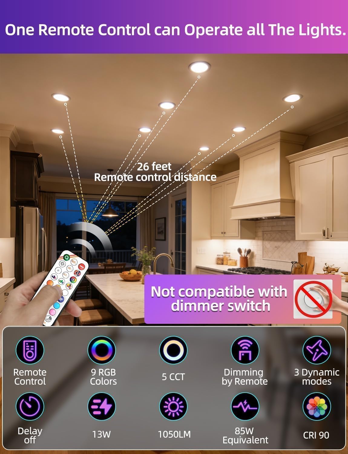 Retrofit LED Recessed Lighting 5/6 Inch, Color Changing, 13W Infrared Remote Control, Color Temperature Tunable 2700K-6000K, ETL (6 Pack) image 4