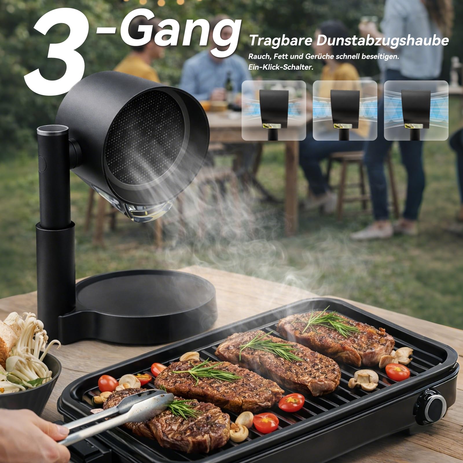 Mobile Dunstabzugshaube ohne Installation, tragbare Mini Abzugshaube mit Ölsammelbox, teleskopisch & 90° neigbar 3-stufig leise, waschbarer wiederverwendbarer Doppelfilter für Küche Wohnung RV Camping