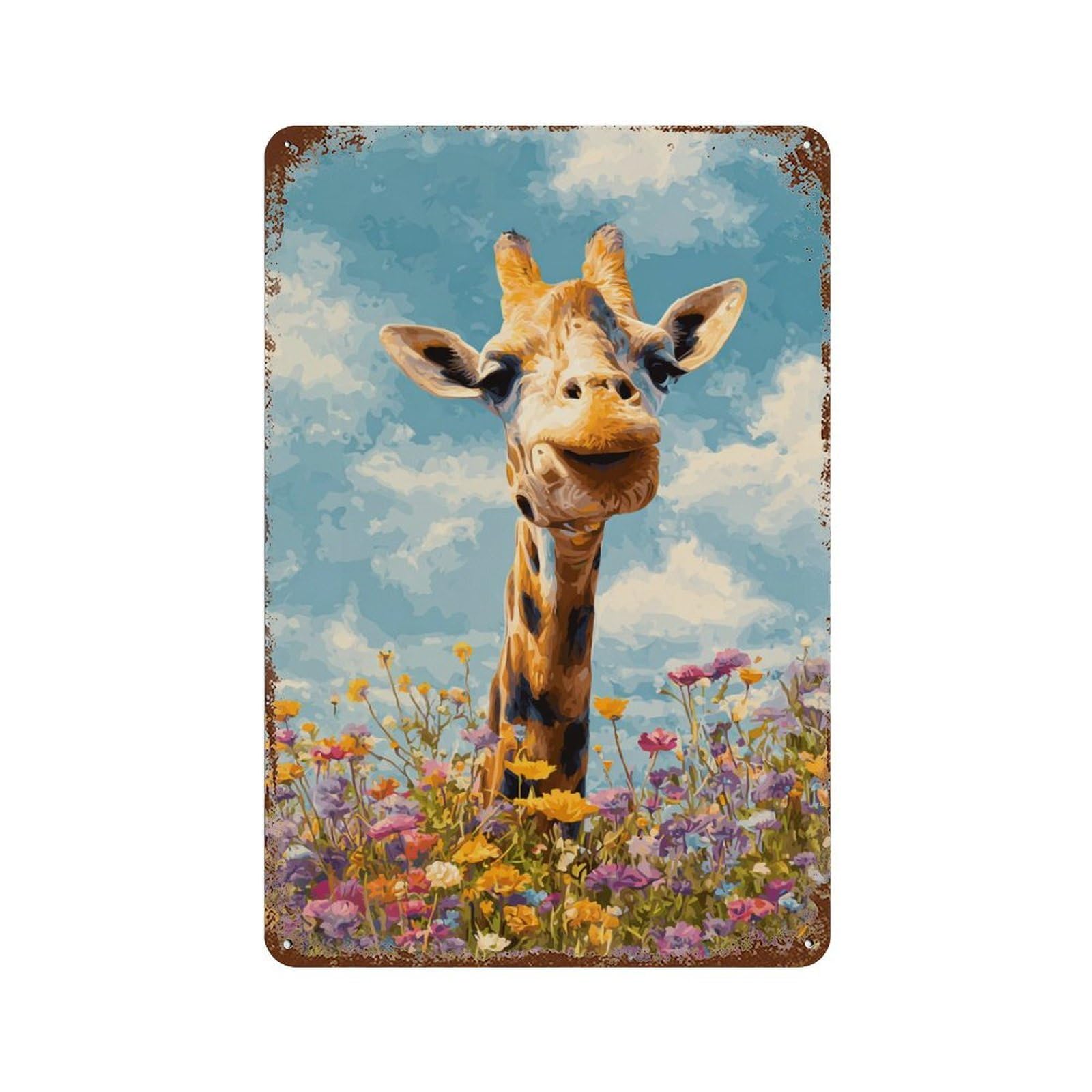 Garage Style Giraffe in Flower Field-2 Rustic Tin Plaque 11.8"x7.9", Farmhouse Wall Decor for Bar And Workshop
