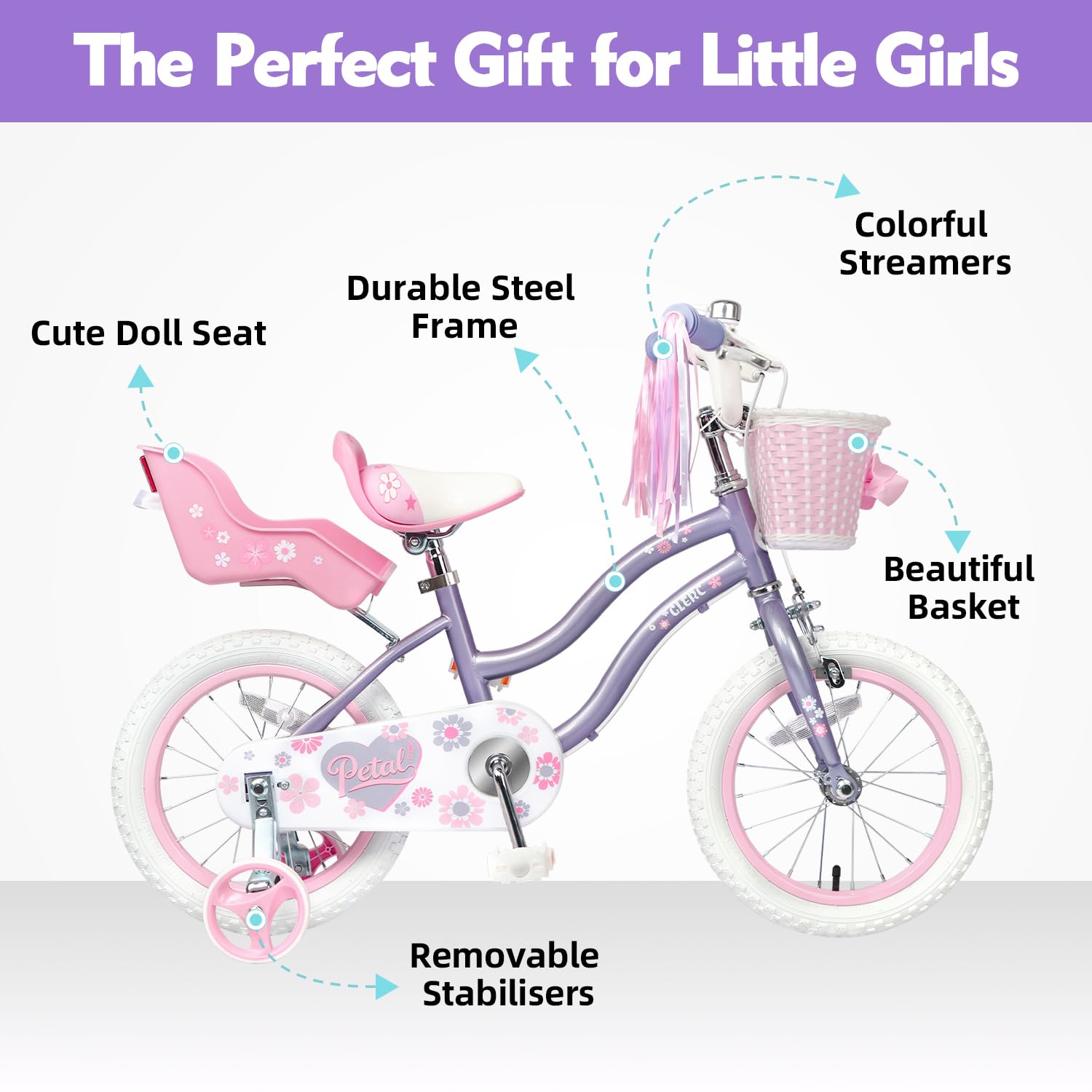 Glerc Petals 12 14 16 Zoll Kinderfahrrad Prinzessinnen-Stil für 2-8 Jahre alte Mädchen, mit Lenkerquasten & Korb & Stützrädern,Rosa/Blau/Lila/Pfirsichfarben