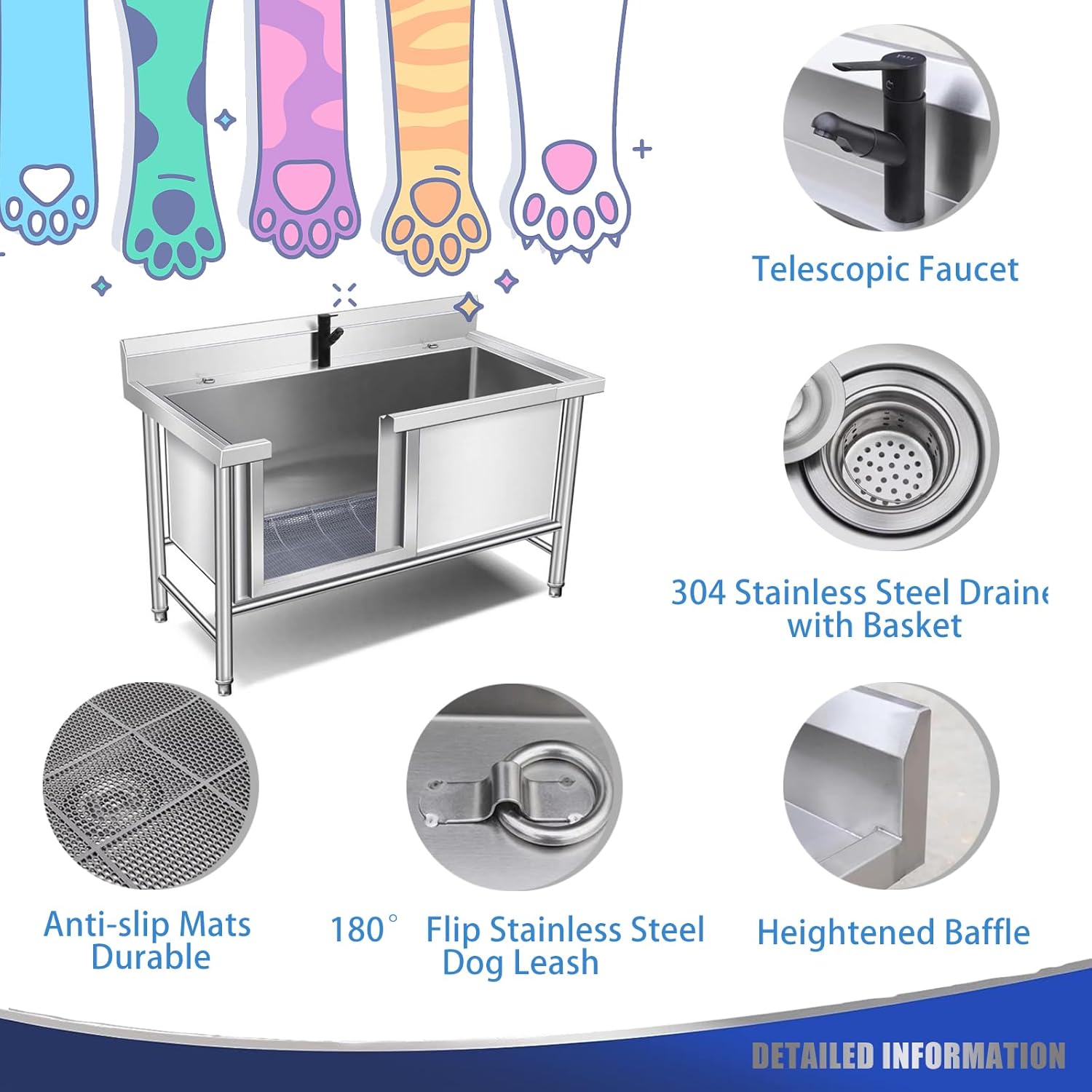 47",Dog Bathing Station, Professional Stainless Steel Dog Washing Grooming Station for Home, Dog Grooming Tub W/Faucet, Floor Grate/Dog Bathtub, Dog Wash Sink for Large,Medium & Small Pets