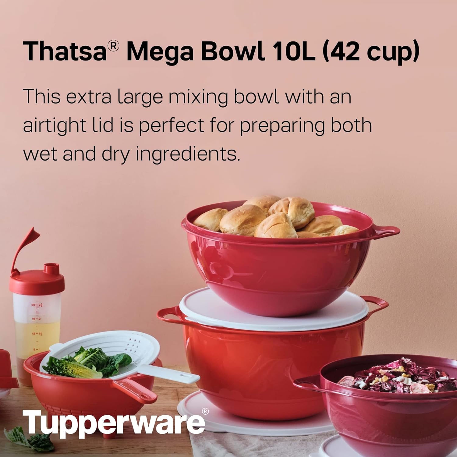 Tupperware Brand Thatsa Mega Prep & Storage Bowl, 10L (42 Cup) - Dishwasher Safe & BPA Free - Airtight, Leak-Proof Food Container with Lid - Extra Large & Lightweight