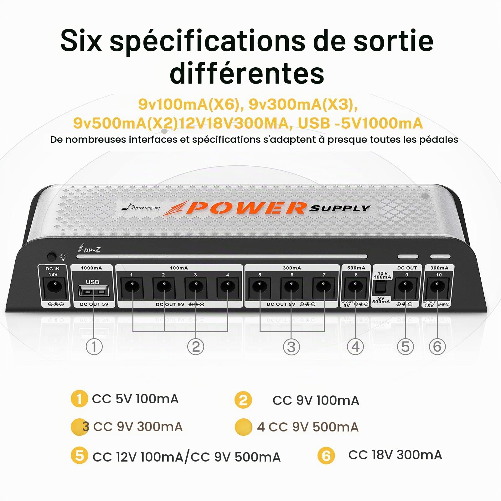 Donner DP-Z Alimentation pour pédale de guitare 9V 10 sorties isolées avec port USB pour pédale d'effet 9V/12V/18V Entrée DC 18v 2000m