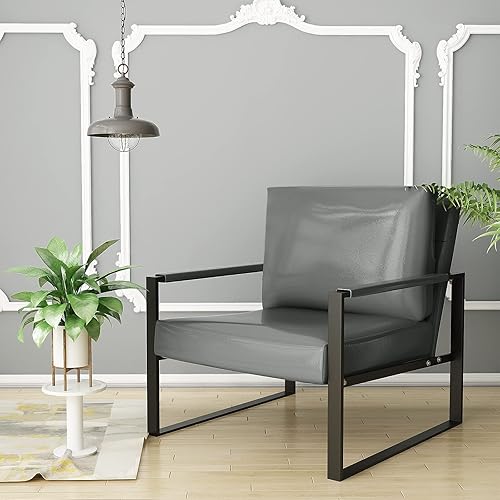 Miniatura 6 de Recaceik Sillas decorativas de cuero, sillón moderno de mediados de siglo con cojín ergonómico extragrande, marco de metal resistente, alfombrillas