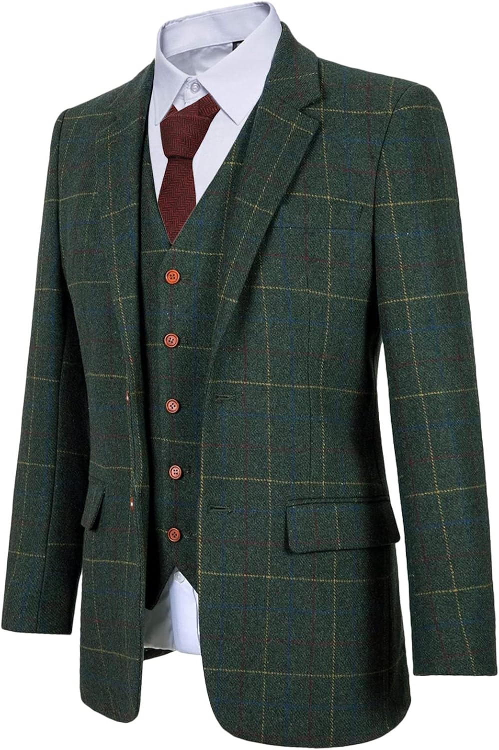 Wemaliyzd Mens Vintage 3 Piece Checkered Plaid Suit Tweed Blazer Vest Pants