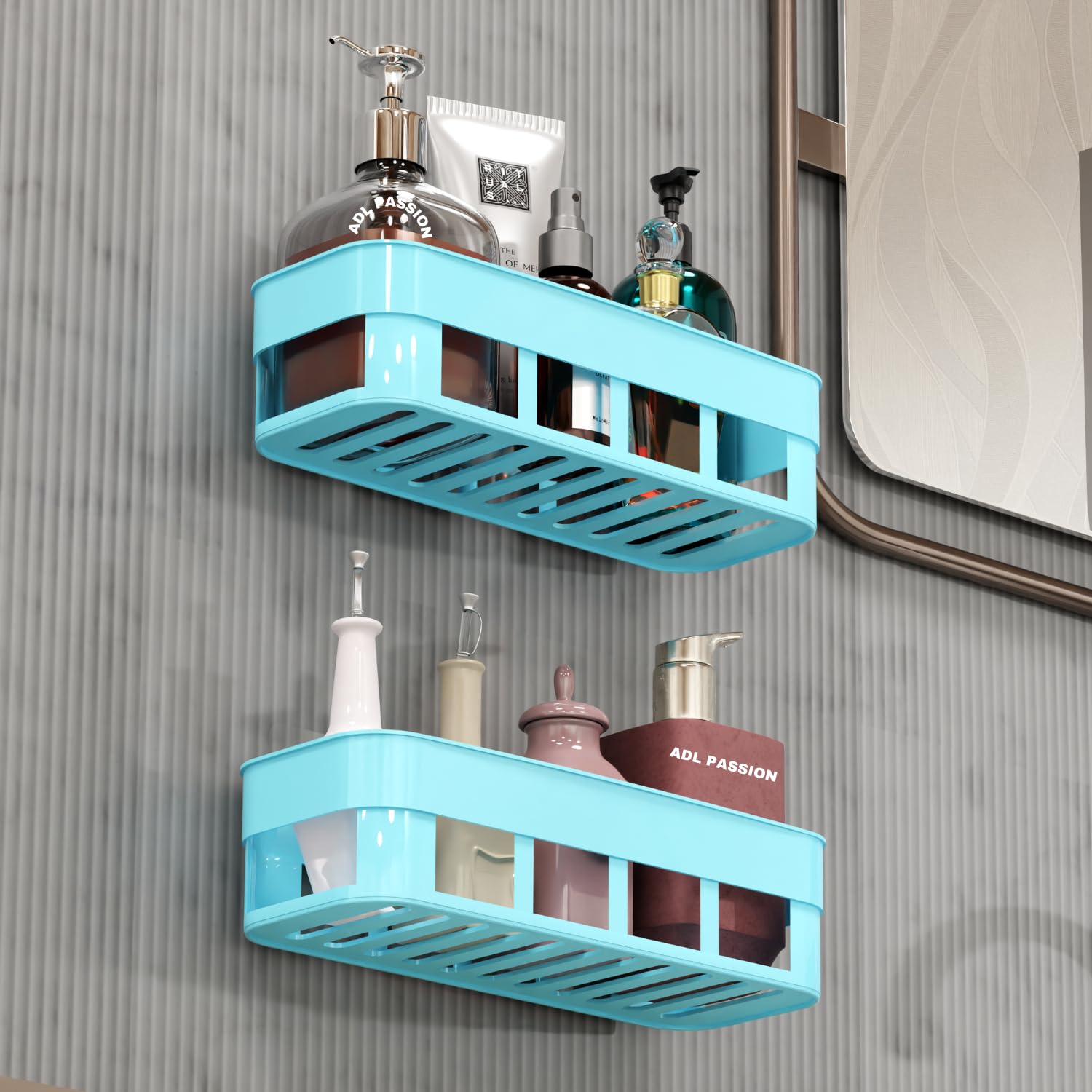 ADL PASSION Wall Mounted Plastic Self Adhesive Bathroom Shelf/Bathroom Accessories/Self Adhesive Shelf with Stickers (Blue, Pack of 2)