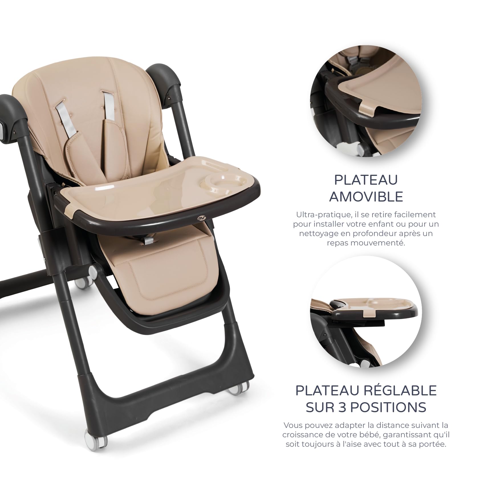 MS BabyWorld – Siège-bébé évolutif Tasty | 7 positions de hauteur et 3 de réclinaison | Plateau amovible et repose-pieds réglable | Portable, pliable, jusqu'à 3 ans (Sable)