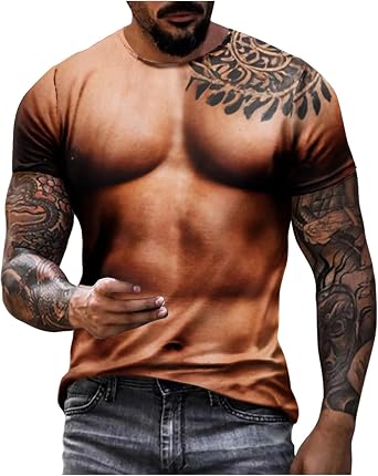 Mens 3D Muscle Print Shirts Short Sleeve T-Shirts Fake Abs Graphic Tees Summer Trendy Tshirts Tops