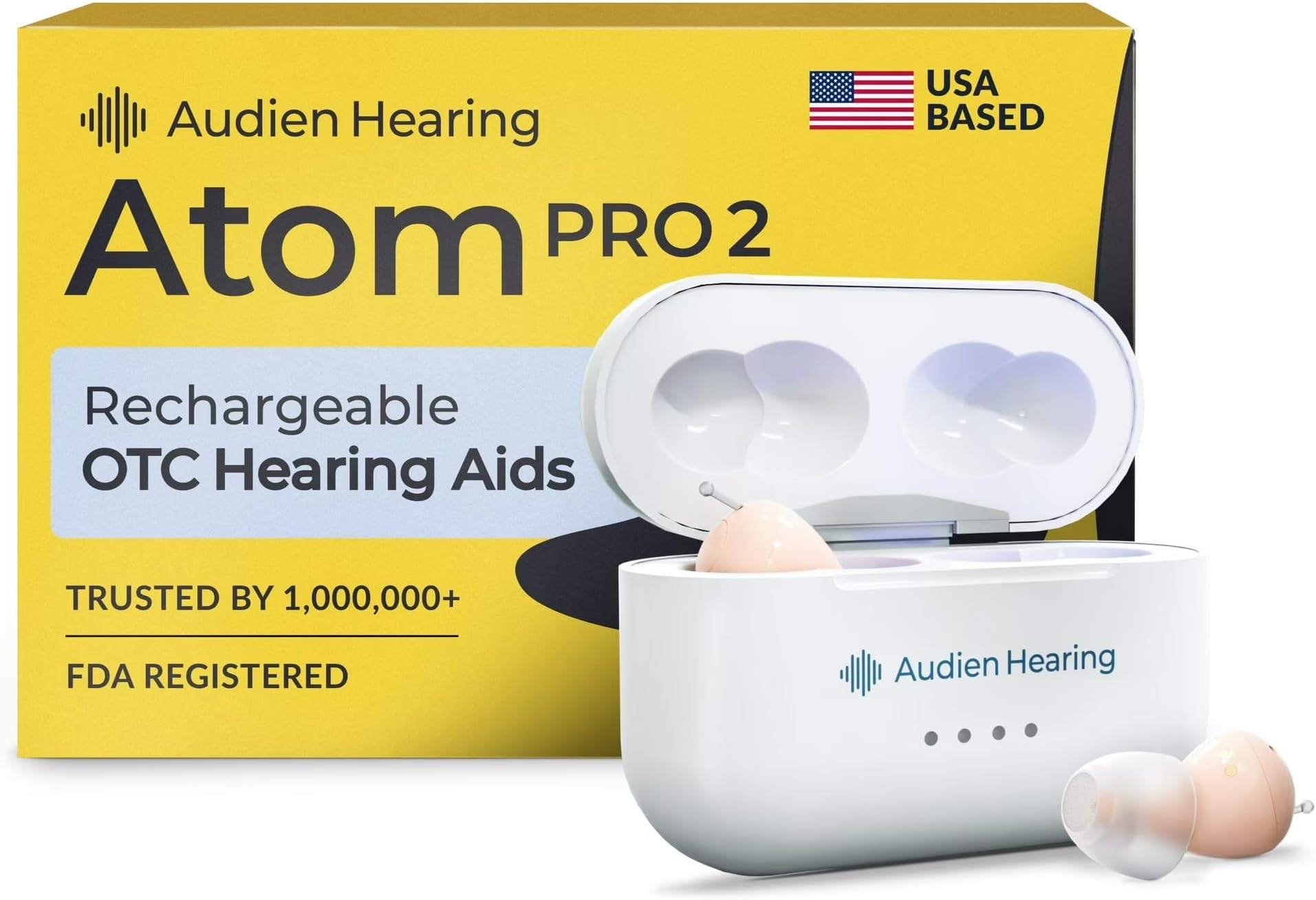 Audien Atom Pro 2 Hearing Aid - Wireless Rechargeable OTC Hearing Aids for Seniors & Adults, Nearly Invisible, Premium Comfort Design
