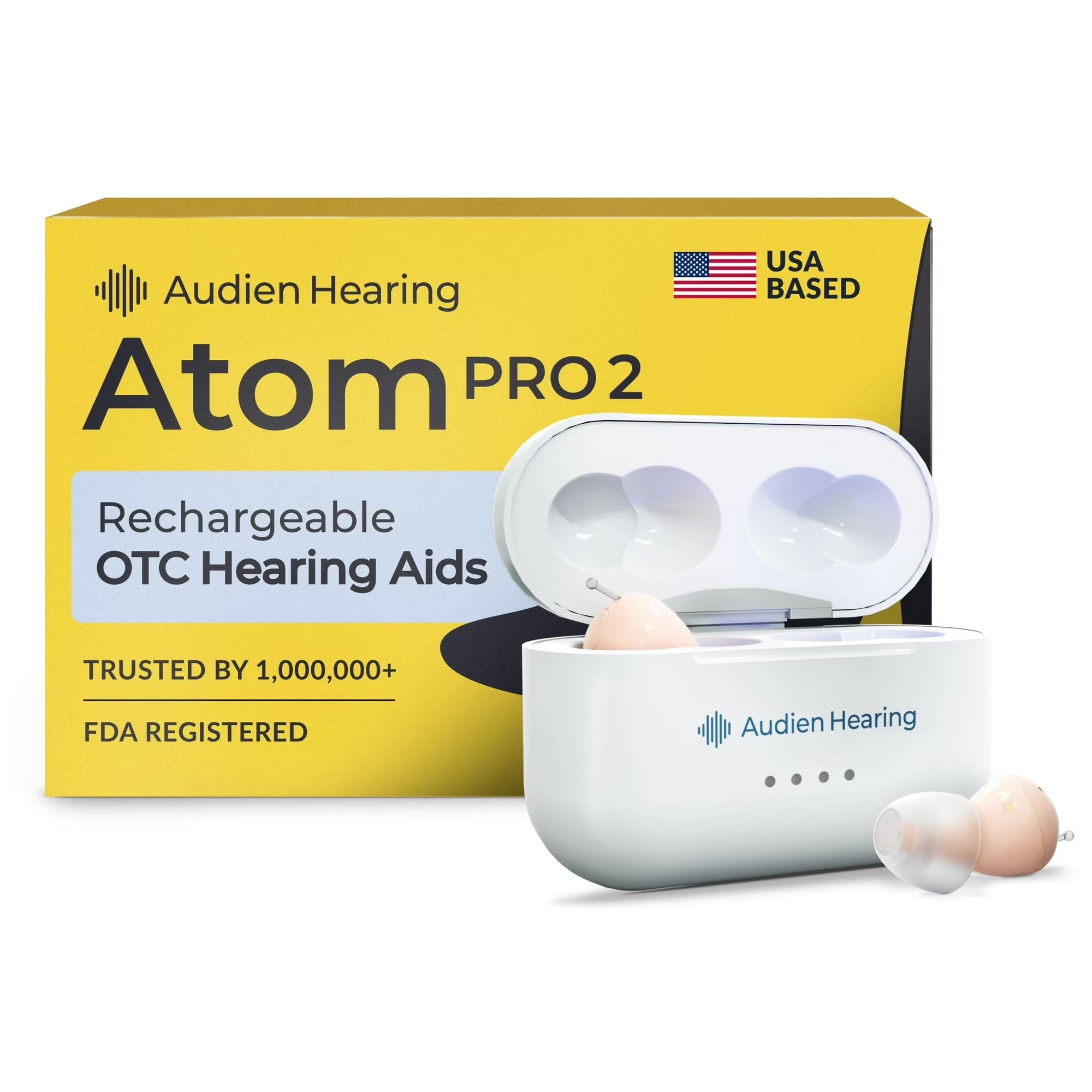 Audien Hearing ATOM PRO 2 Wireless Rechargeable OTC Hearing Aids, Premium Comfort Design and Nearly Invisible