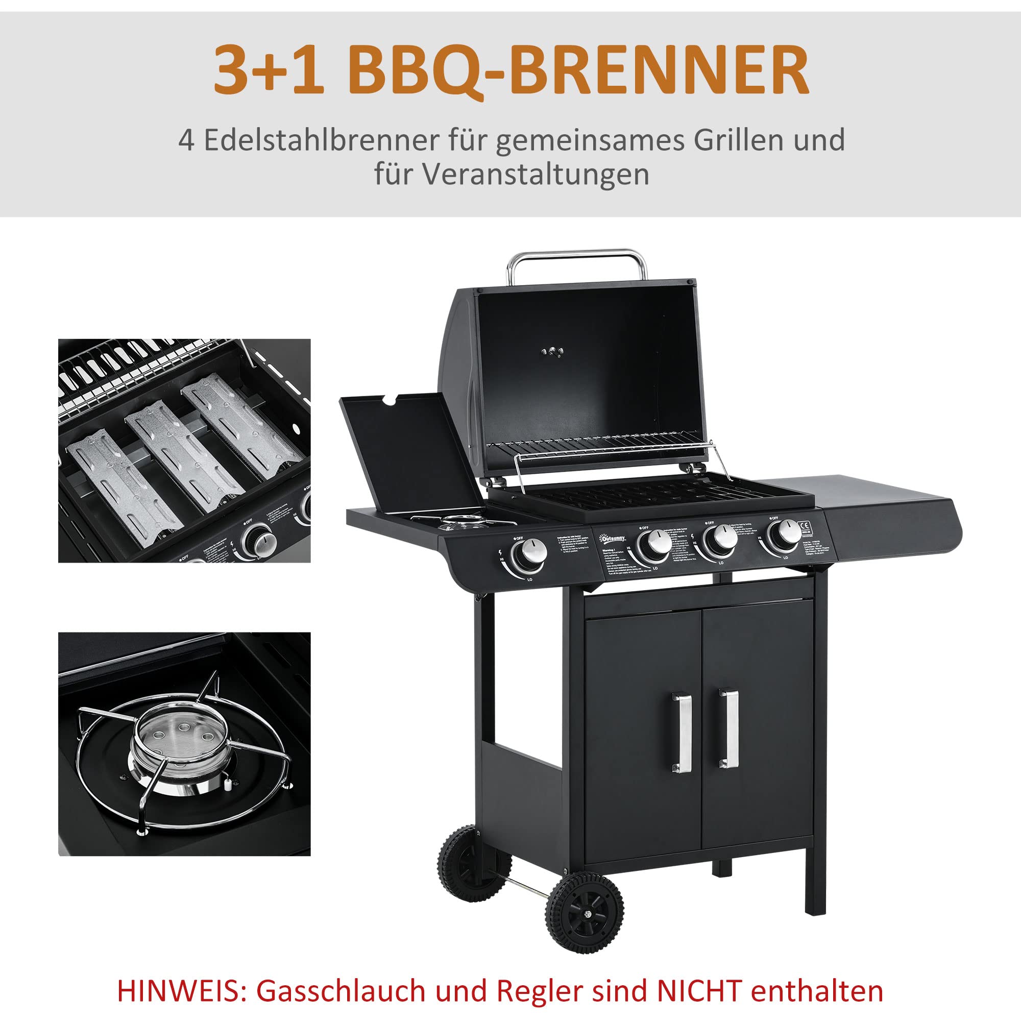 Outsunny Grill gazowy 11,6 kW, na kółkach, z 4 palnikami ze stali nierdzewnej, termometrem, płytą grzejną, otwieraczem do butelek, półki boczne, grill ogrodowy na balkon, 110 x 50 x 100 cm