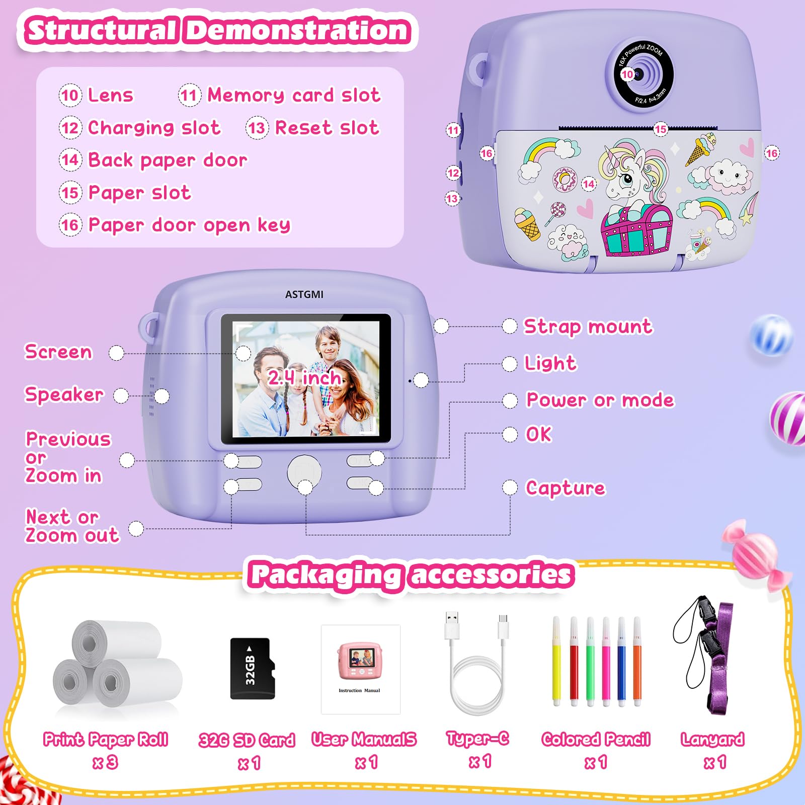 Camara de Fotos instantaneas,1080p vídeo Camara instanea,2,4" HD Camara Fotos Infantil con Tarjeta SD de 32GB,Regalos comunion niña para cámara instantánea,Juguetes niños 3 4 5 6 7 8 9 10 años