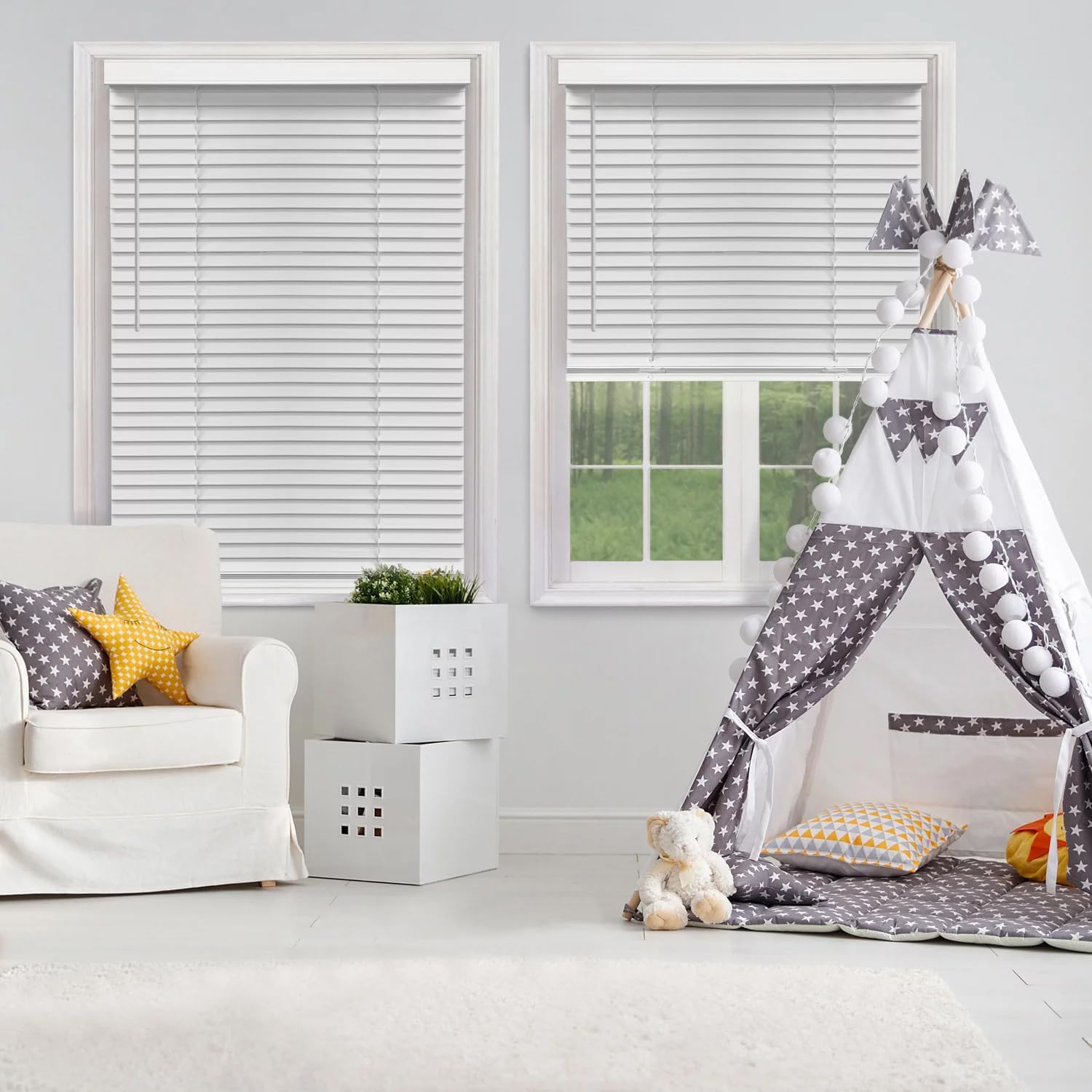 Thousands of Sizes Blinds Emporium Elite 2 Inch Faux Wood Blind - 16-1/2" (16.5) Wide x 48" Custom Cut 2" White Cordless Blinds for Indoor Windows and Doors