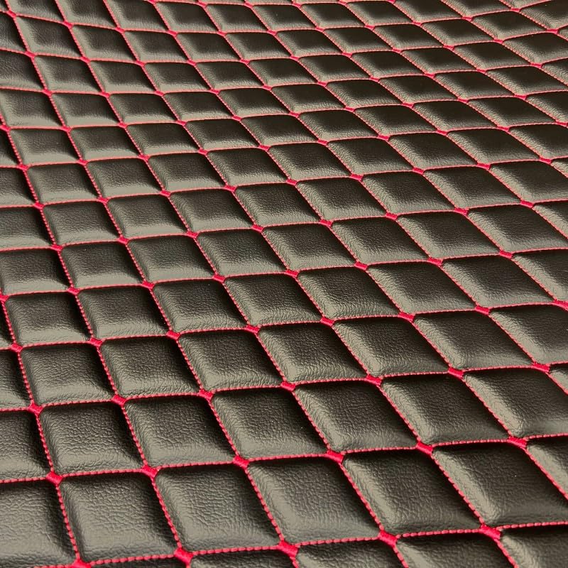 EU Fabrics Diamond Stitch Quilted Vinyl Fabric | Waterproof Faux Leatherette Upholstery Material | Scrim Foam Padded Embroidered Stitching Fabric by the Metre (Black with Pink, 1 Metre x 137cm)