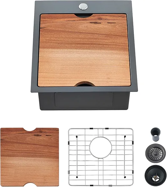 EcoChannels Kitchen Sink, 17 x 19 Inch Drop in Bar Sink Gunmetal Black Stainless Steel Workstation Sink Topmount Kitchen Sink Single Bowl with Cutting Board