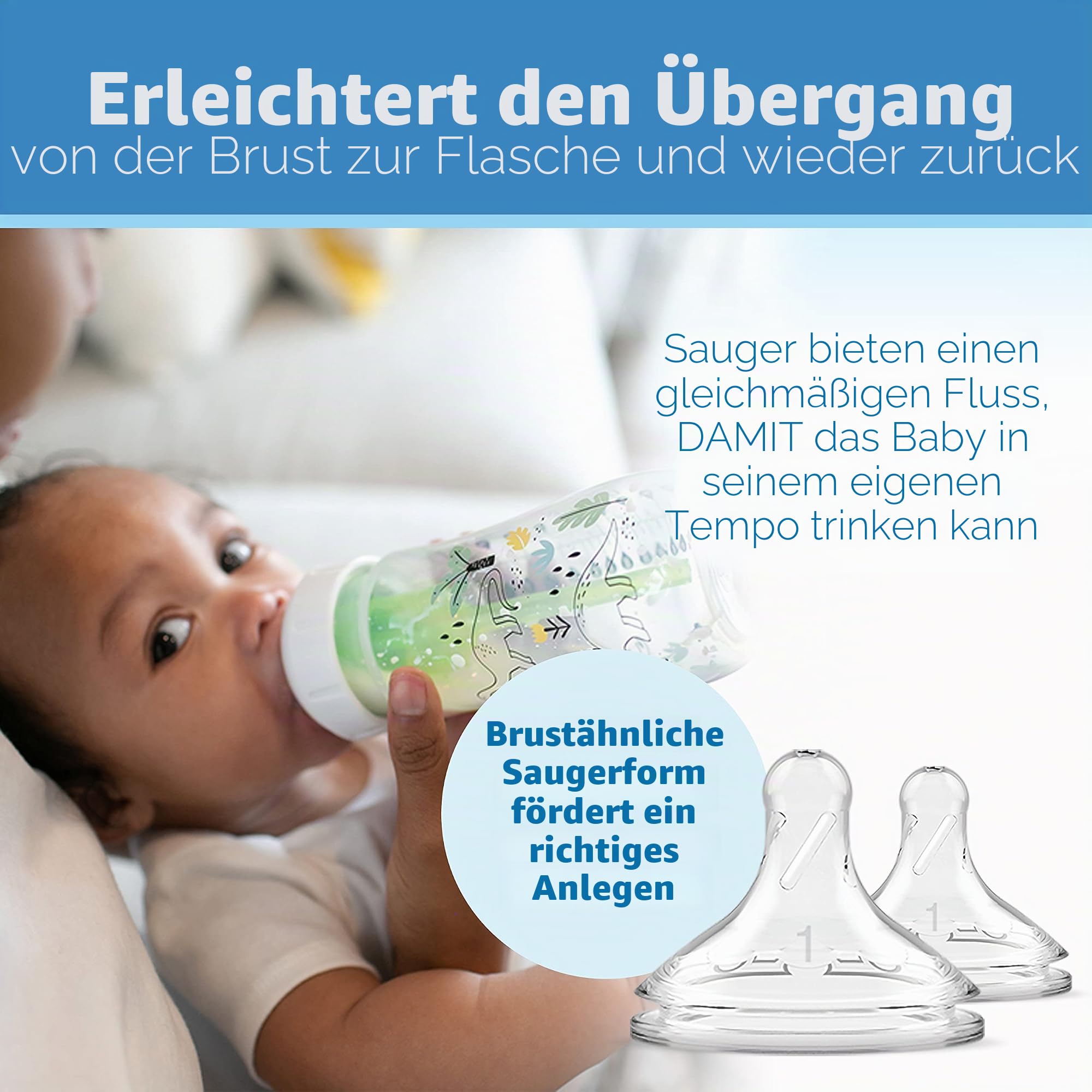 Dr. Brown's Natural Flow® Anti-Colic Options+™ Weithals-Babyflasche, Designer-Edition-Flaschen, Dino Decos, 270 ml, Level 1 Nippel, 2er-Pack, ab 0 Monaten
