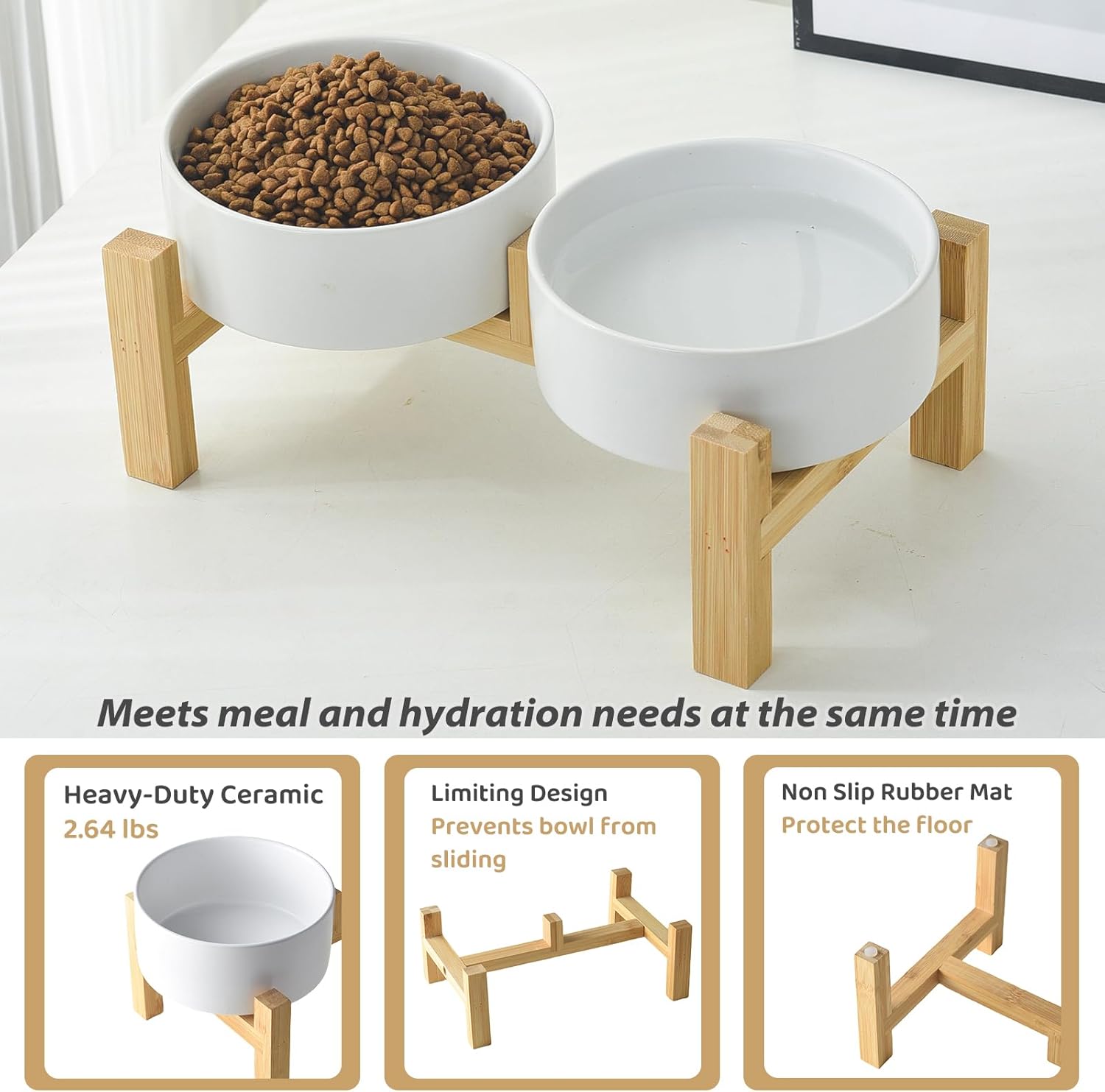 Elevated Ceramic Dog Bowl Set - Raised Dog Bowls with Non Slip Bamboo Stand, Food and Water Bowl Set for Kitty, Cats and Toy Breed Dogs, Pet Bowls, Weighted Dogs Dishes (5.1'', 2*16OZ, White)